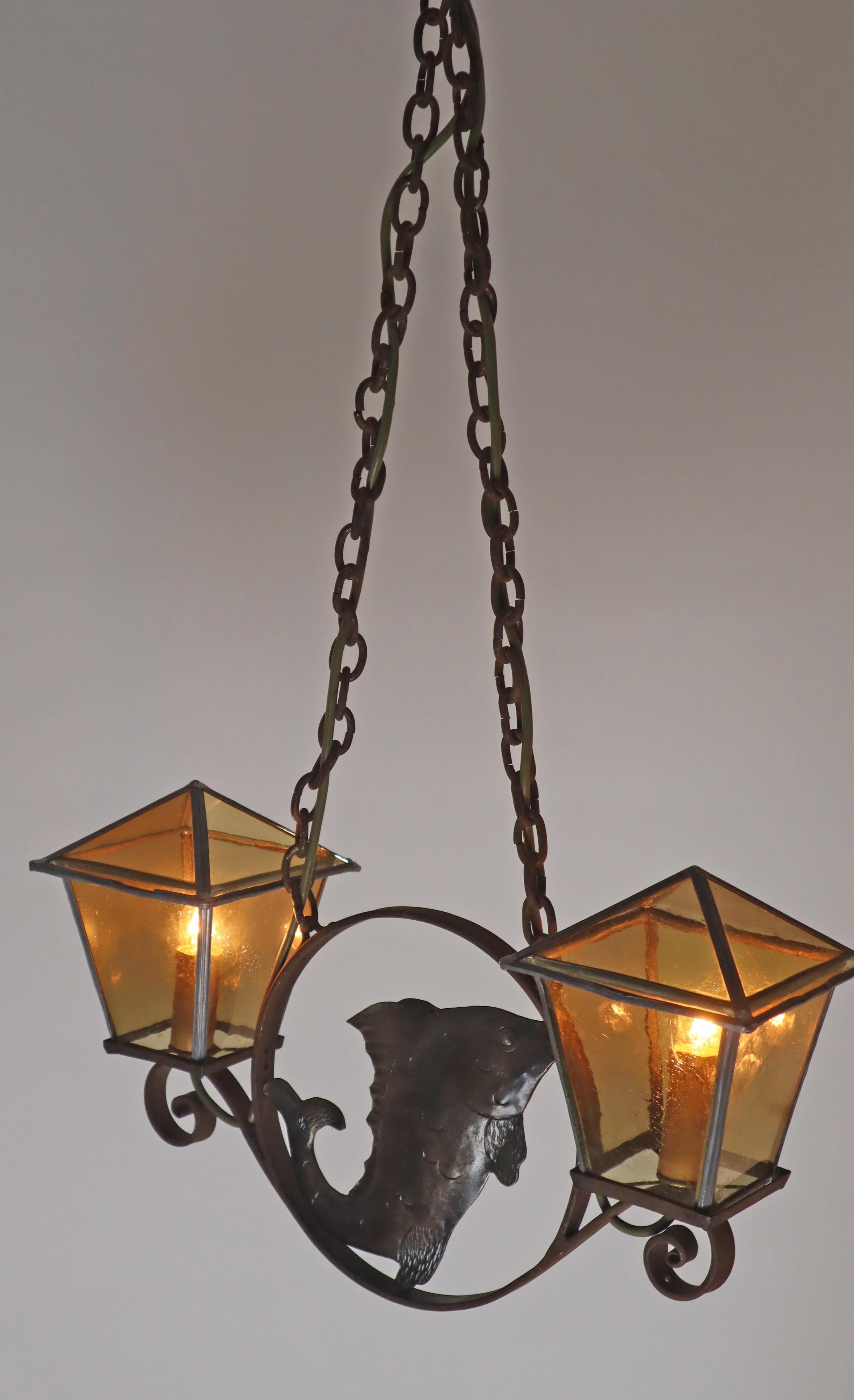 Early 20th Century Wrought iron Art & Craft Pendant Lamp with a Fish and Leaded Glass Germany 1920s For Sale