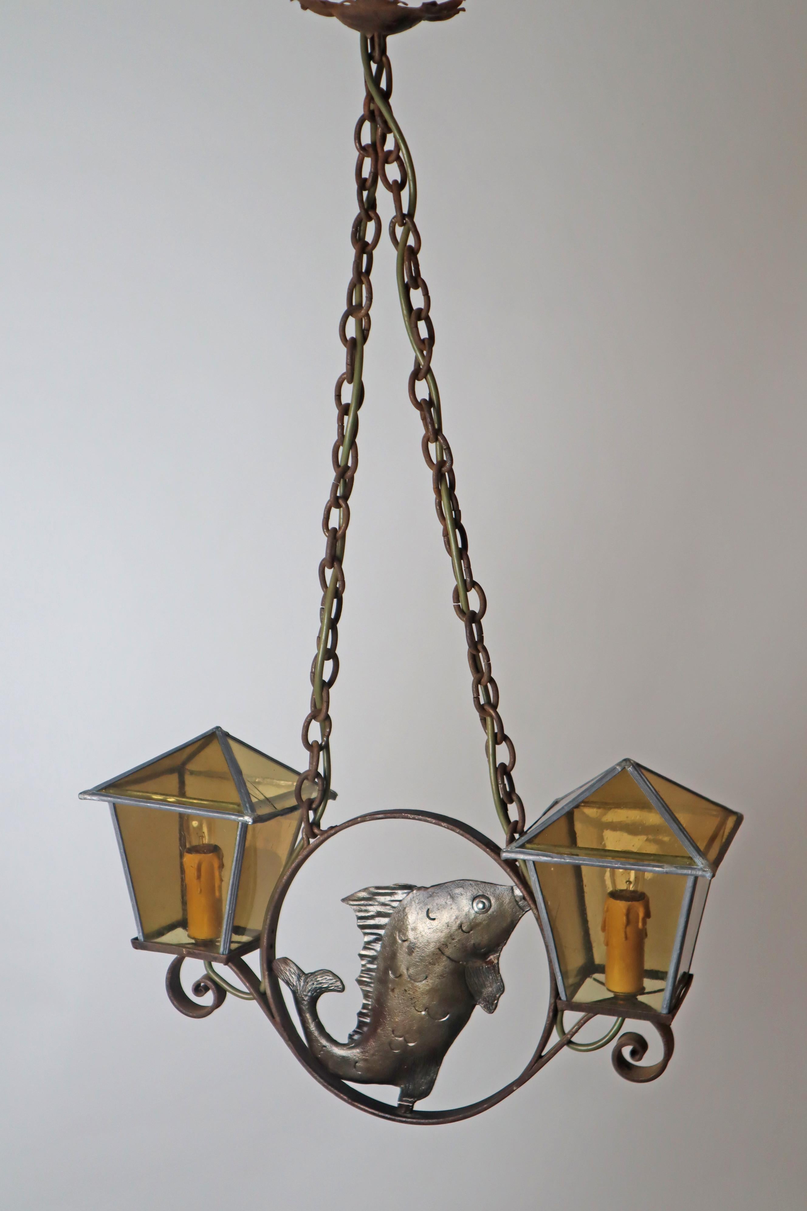 Early 20th Century Wrought Iron Art & Craft Pendant Lamp with a Fish and Leaded Glass Germany 1920s For Sale