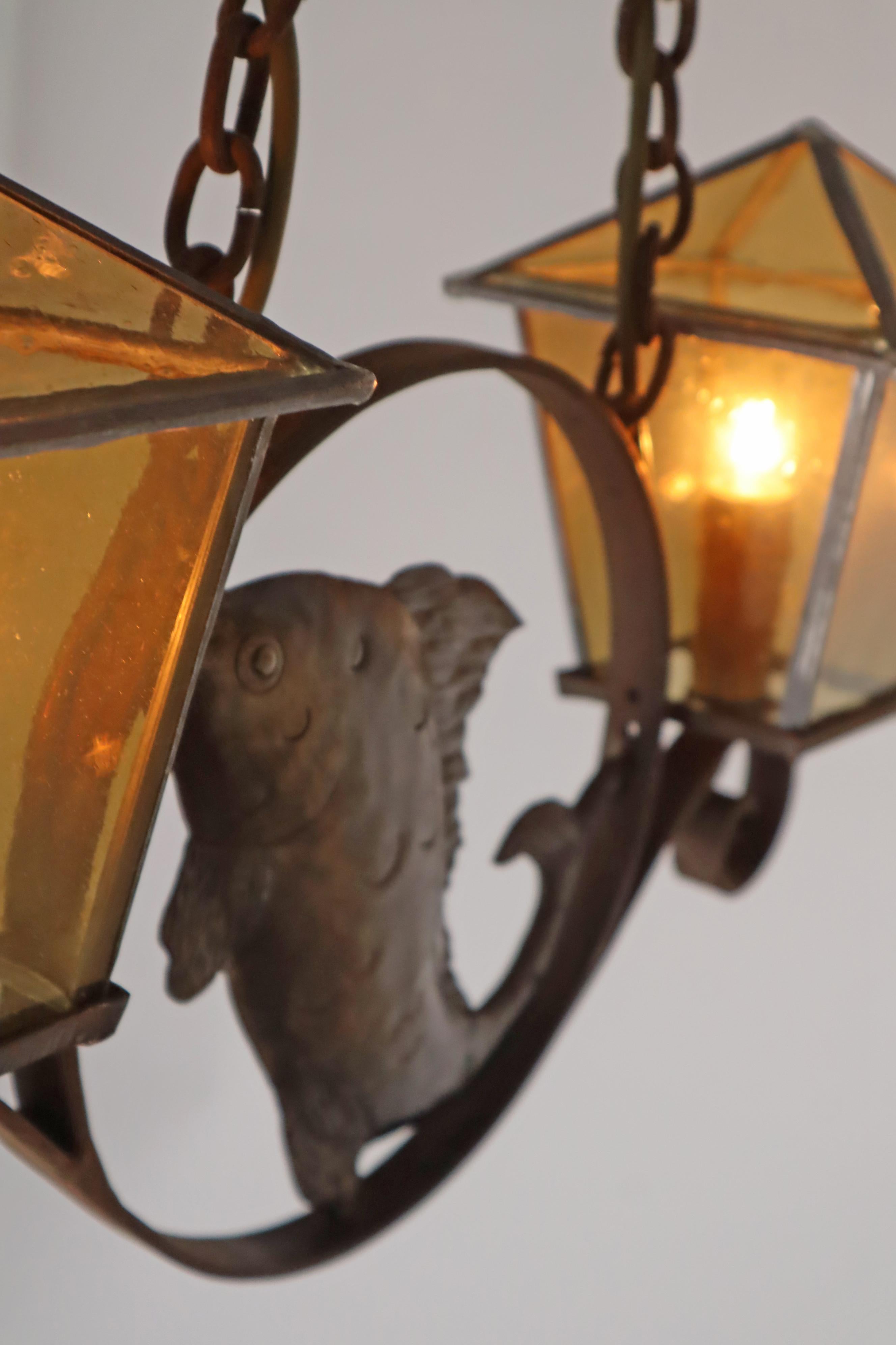 Stained Glass Wrought iron Art & Craft Pendant Lamp with a Fish and Leaded Glass Germany 1920s For Sale