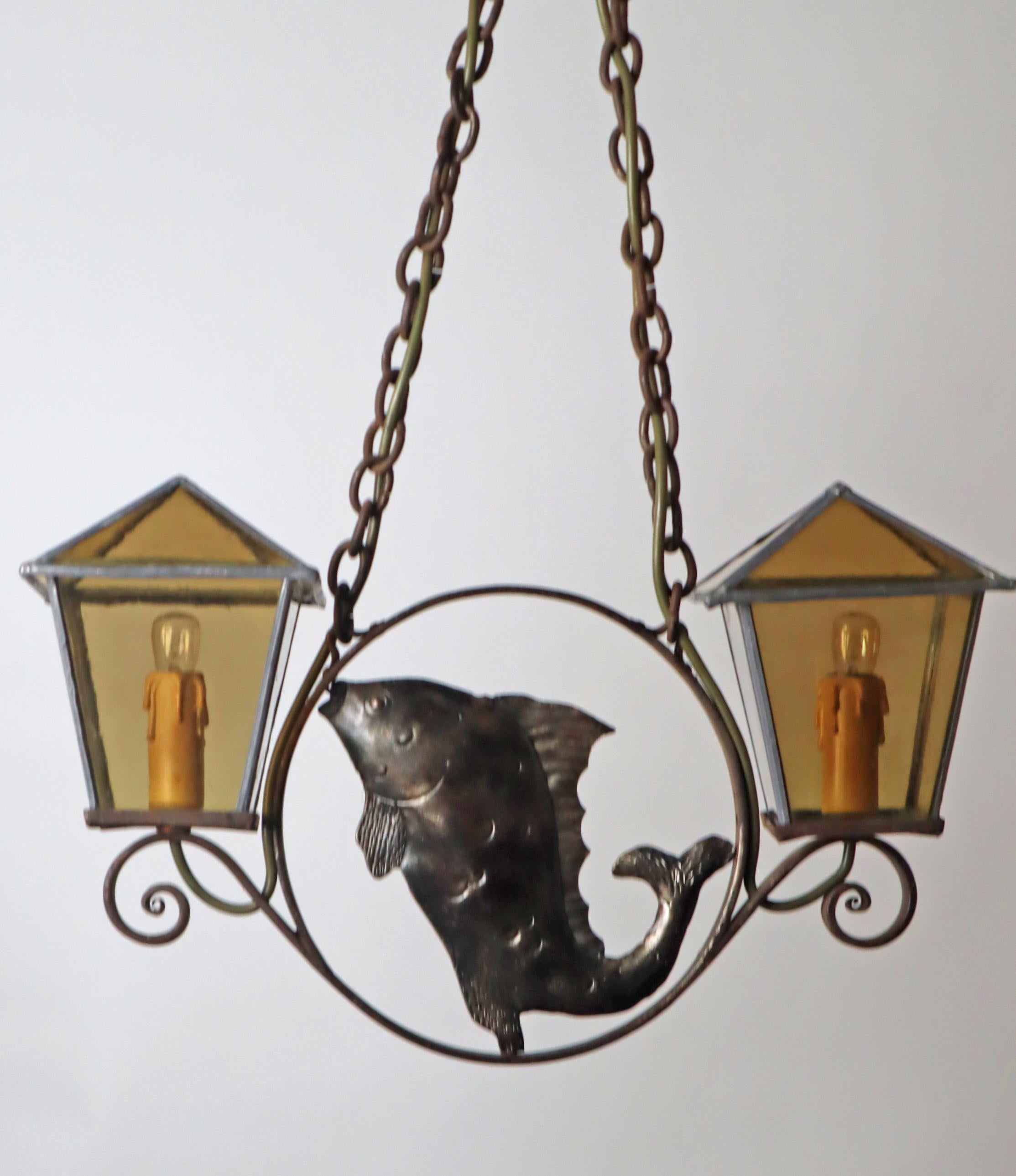 Wrought Iron Art & Craft Pendant Lamp with a Fish and Leaded Glass Germany 1920s For Sale 1