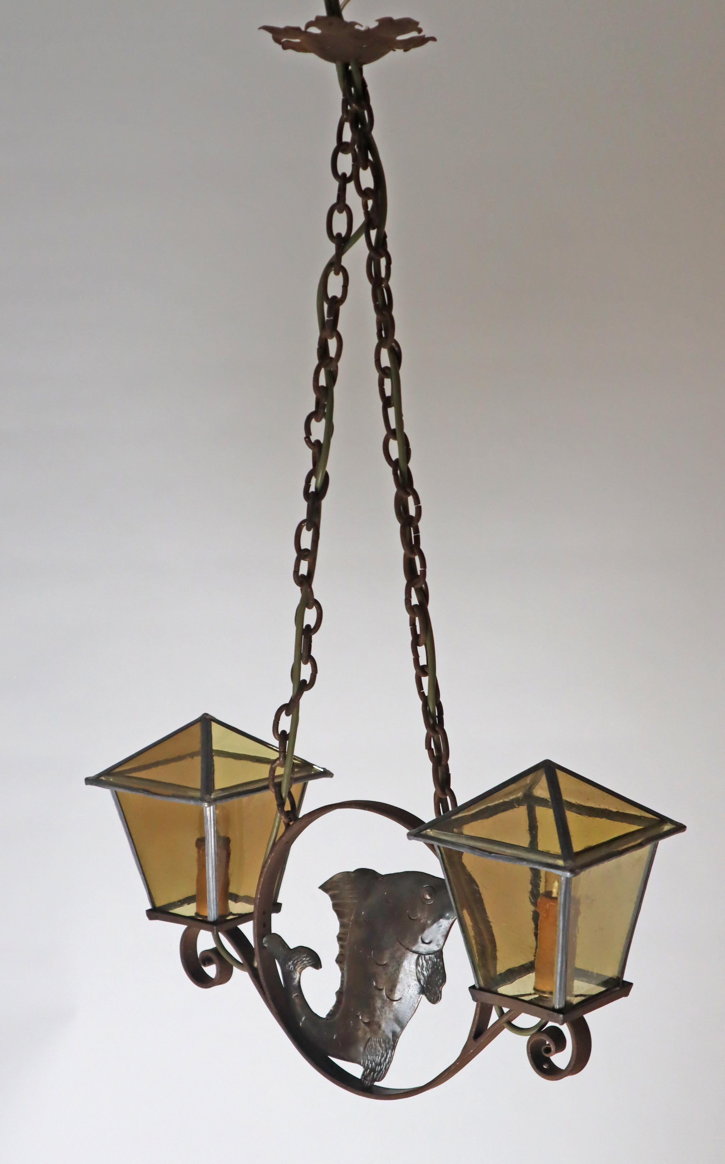 Wrought iron Art & Craft Pendant Lamp with a Fish and Leaded Glass Germany 1920s For Sale 2