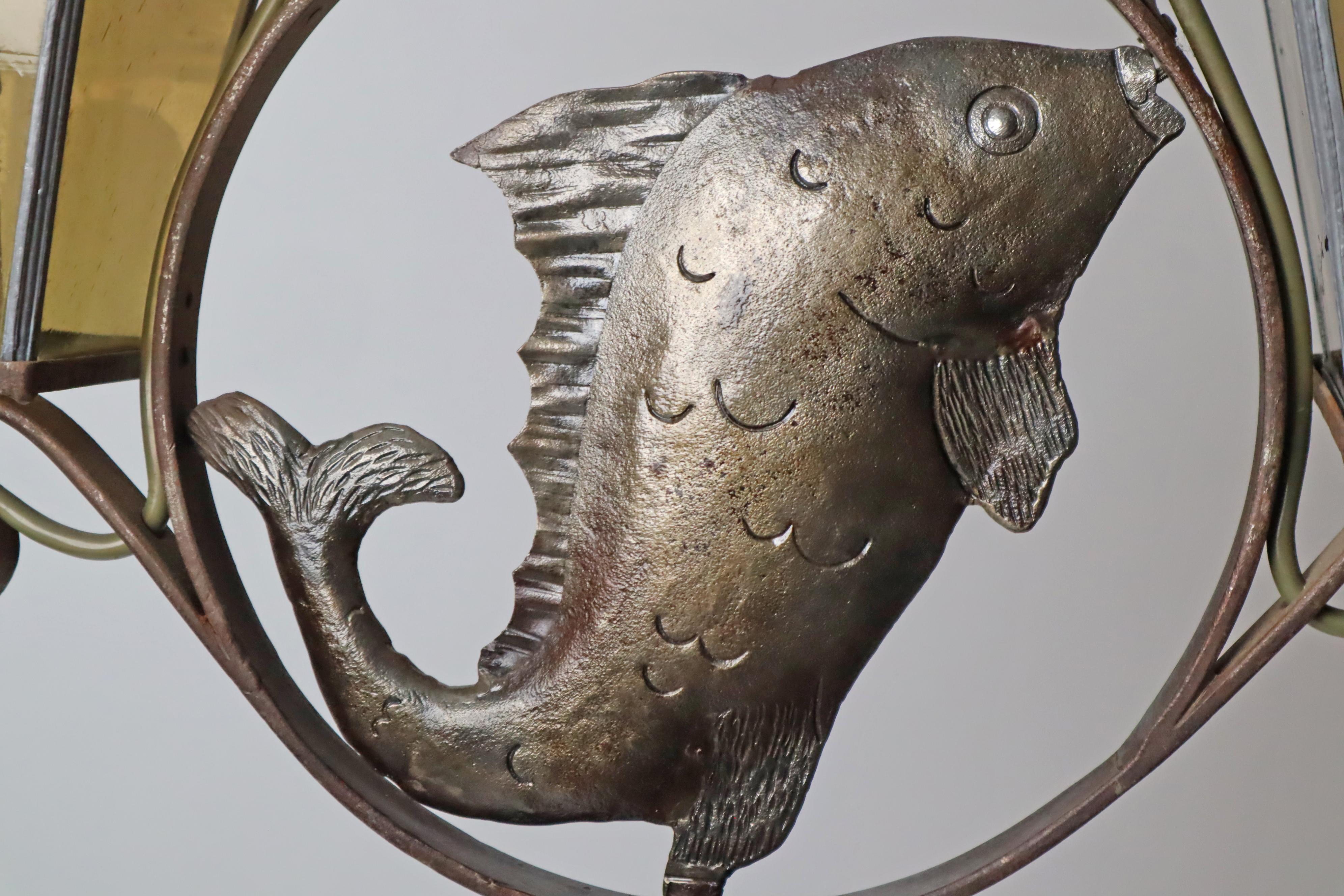 Wrought Iron Art & Craft Pendant Lamp with a Fish and Leaded Glass Germany 1920s For Sale 2