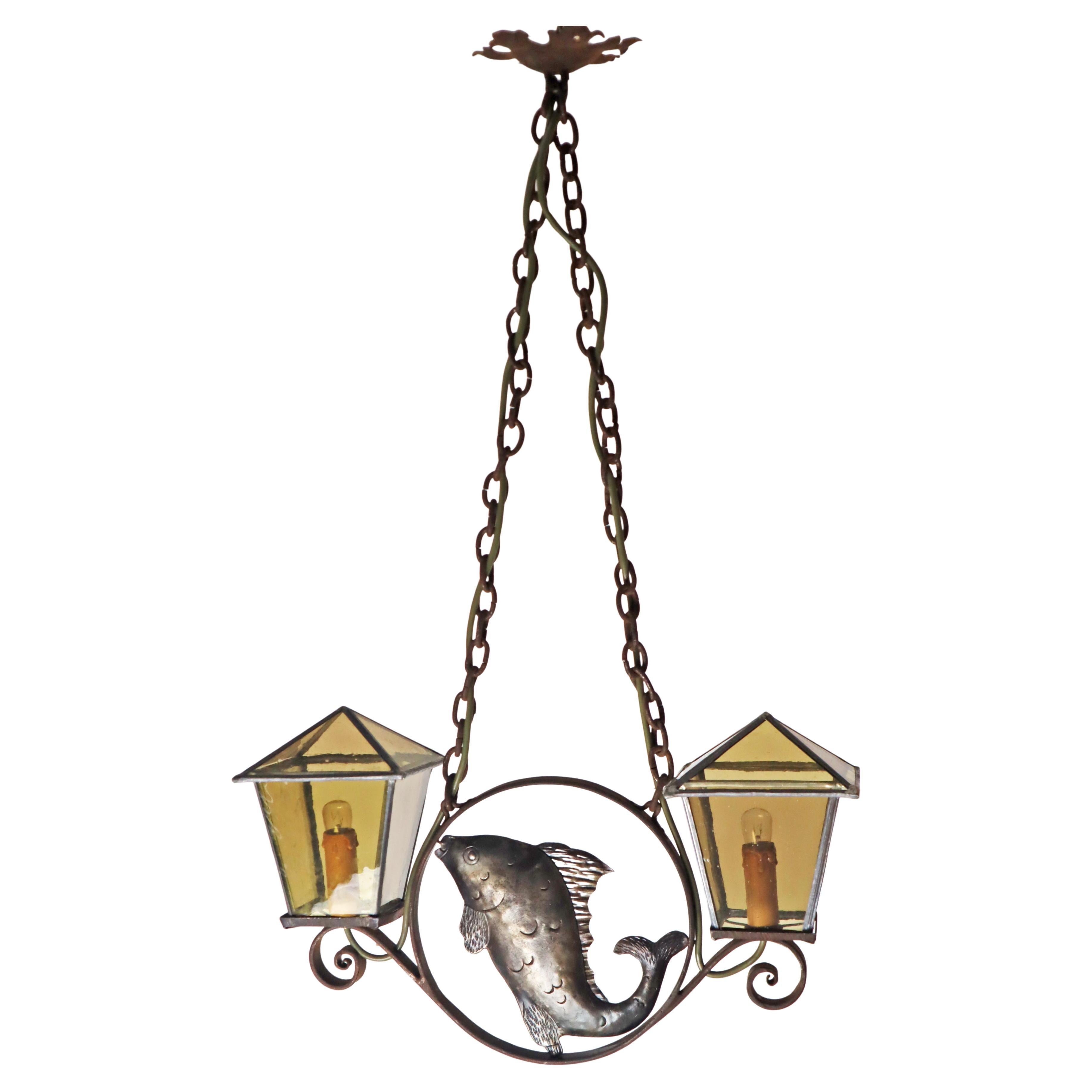 Wrought iron Art & Craft Pendant Lamp with a Fish and Leaded Glass Germany 1920s