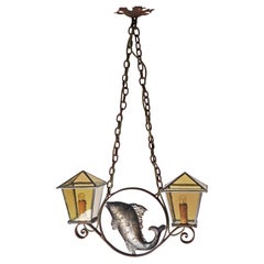 Antique Wrought iron Art & Craft Pendant Lamp with a Fish and Leaded Glass Germany 1920s