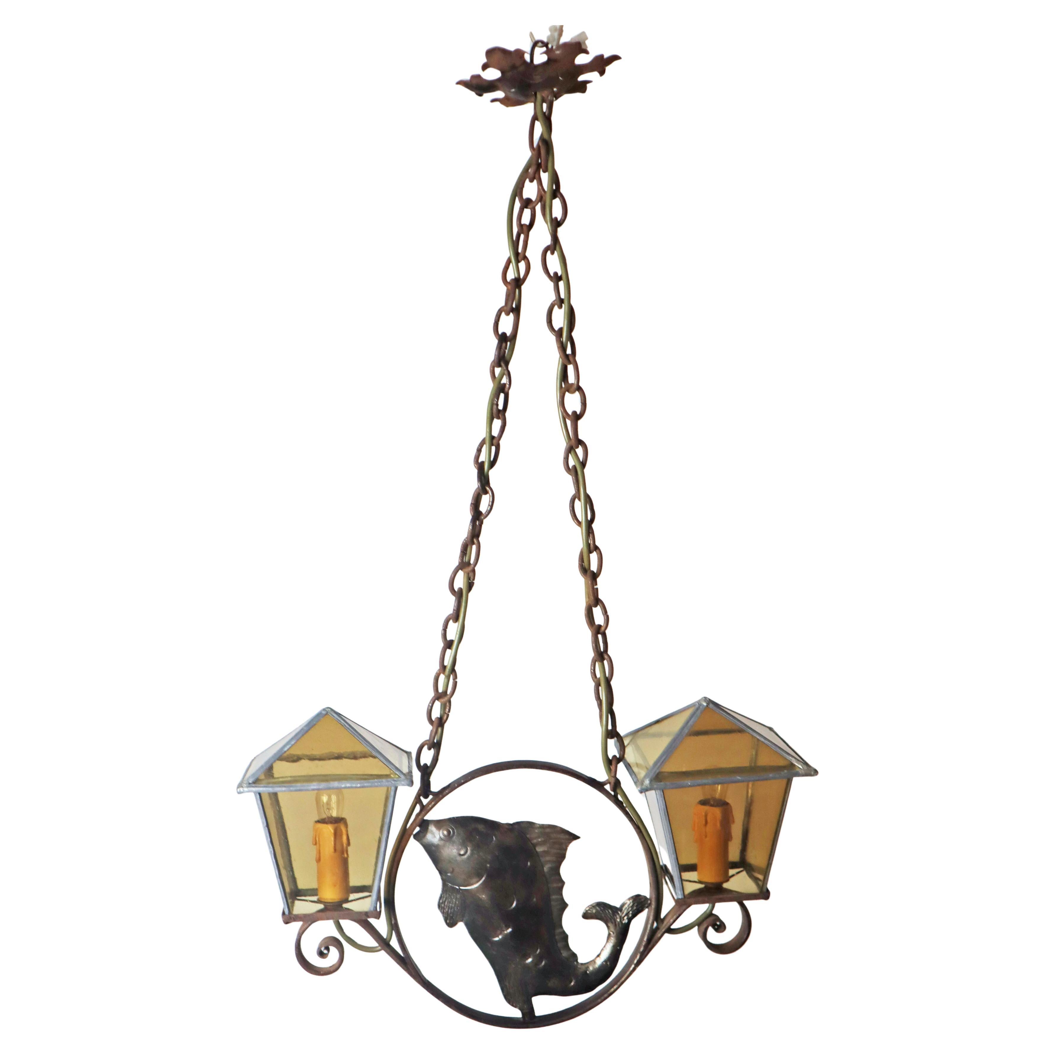 Wrought Iron Art & Craft Pendant Lamp with a Fish and Leaded Glass Germany 1920s For Sale