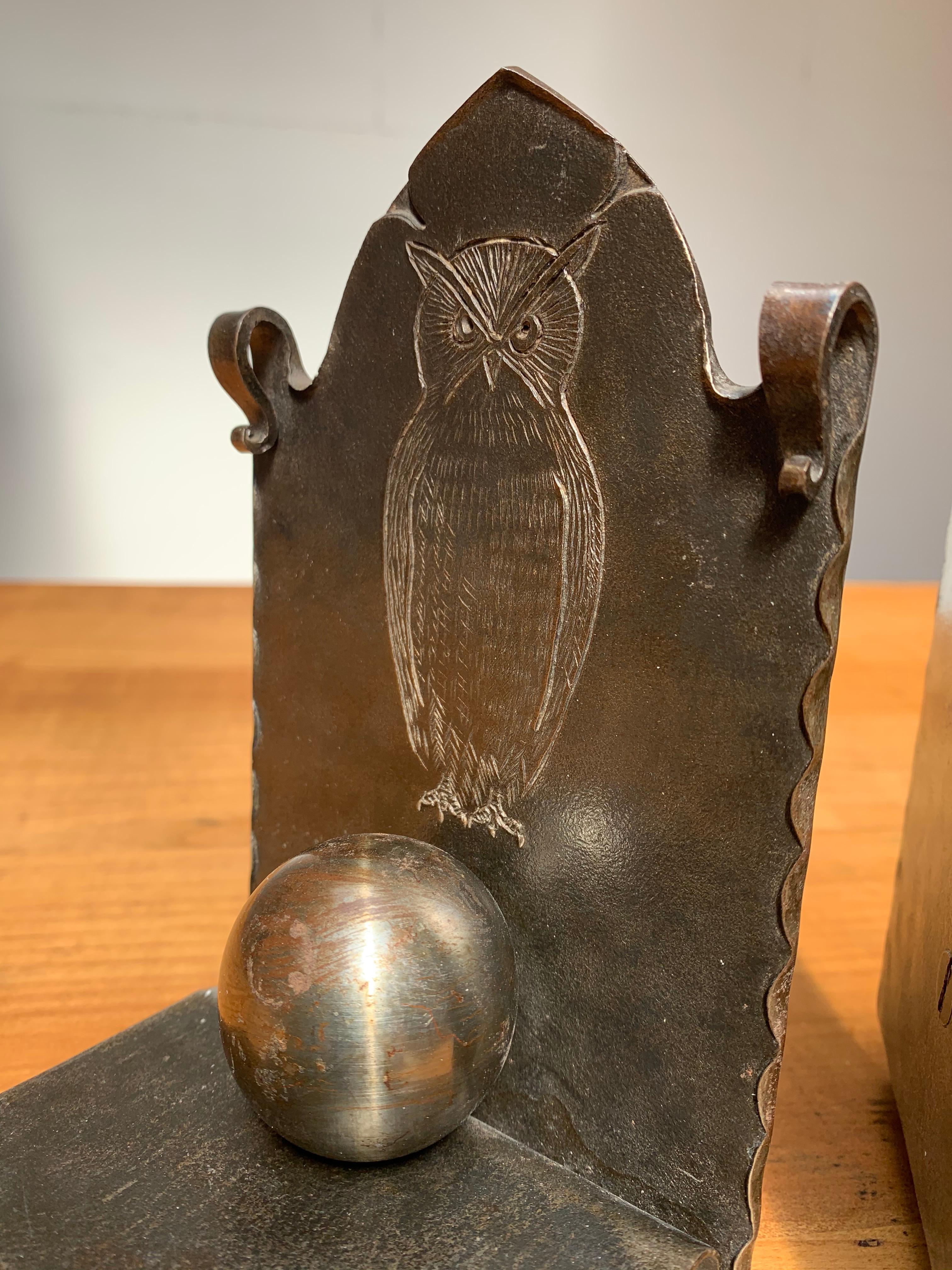 Arts and Crafts Wrought Iron Art & Crafts Bookends with Metal Books and Engraved Owl Sculptures For Sale