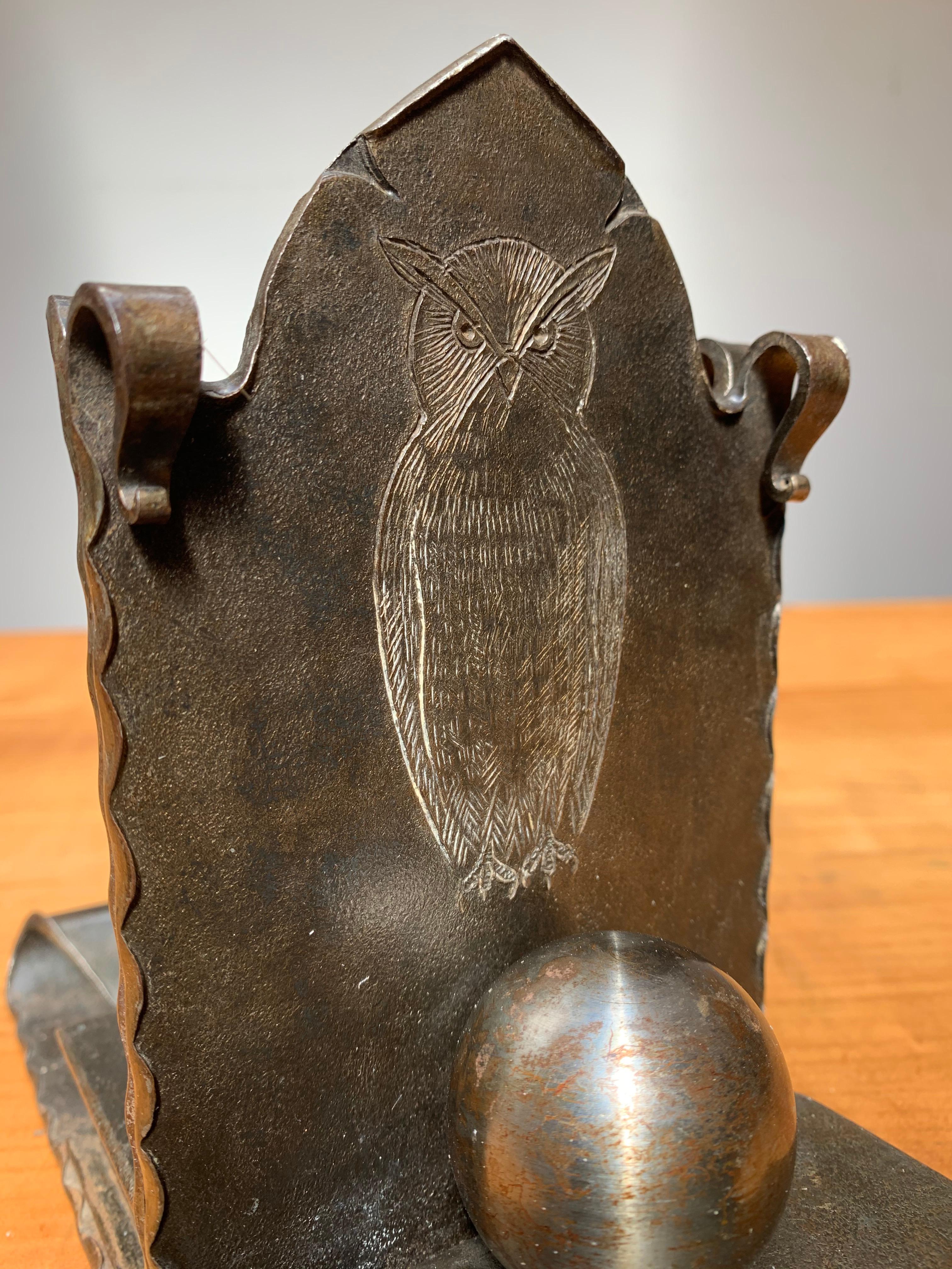 Dutch Wrought Iron Art & Crafts Bookends with Metal Books and Engraved Owl Sculptures For Sale