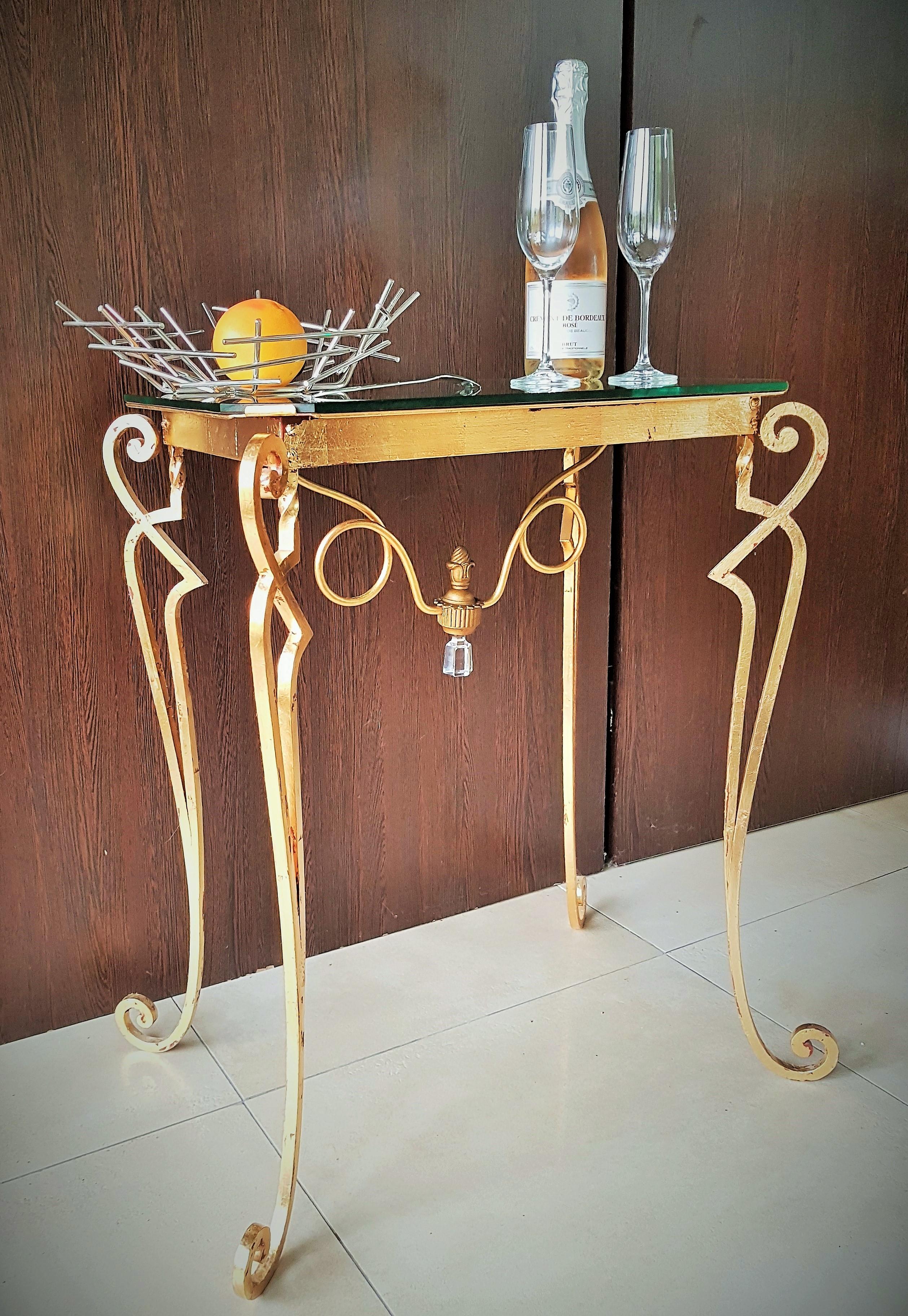 Adam Style Wrought Iron Art Deco Console Side Table Attributed to Drouet, France, 1940