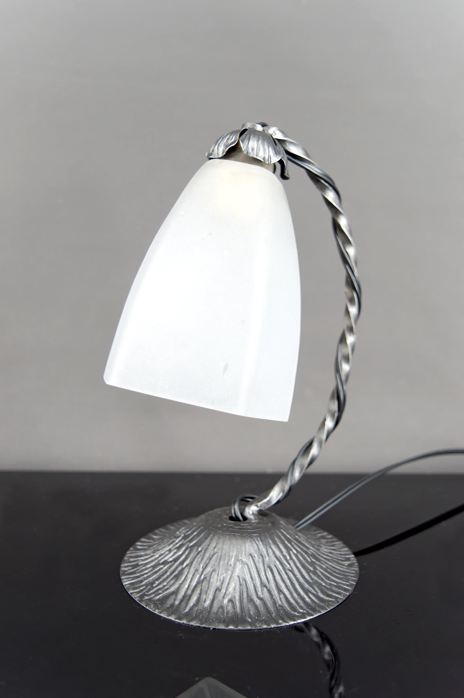 Frosted Wrought Iron Art Deco Lamp, France, Circa 1930 For Sale