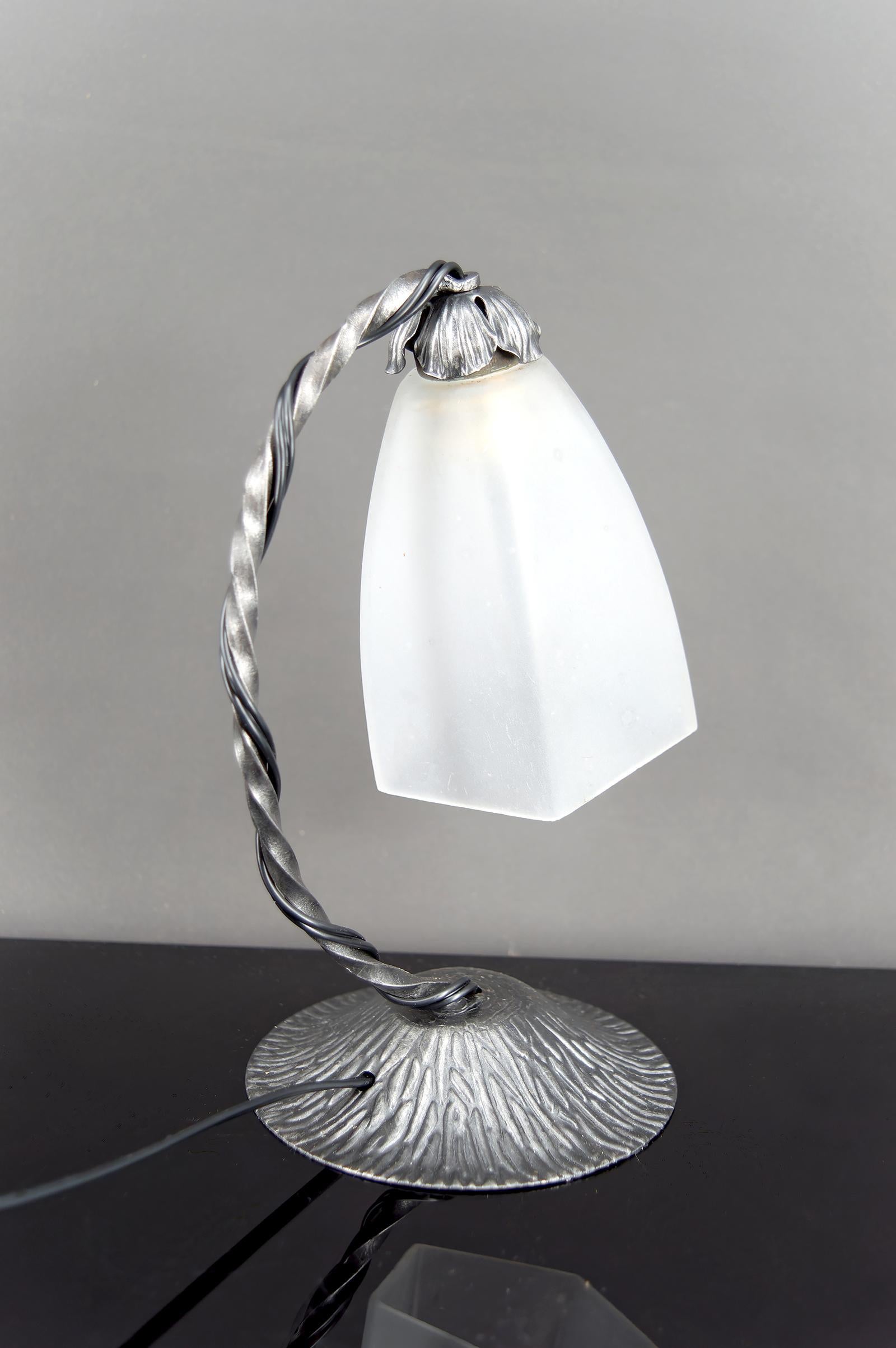 Glass Wrought Iron Art Deco Lamp, France, Circa 1930 For Sale