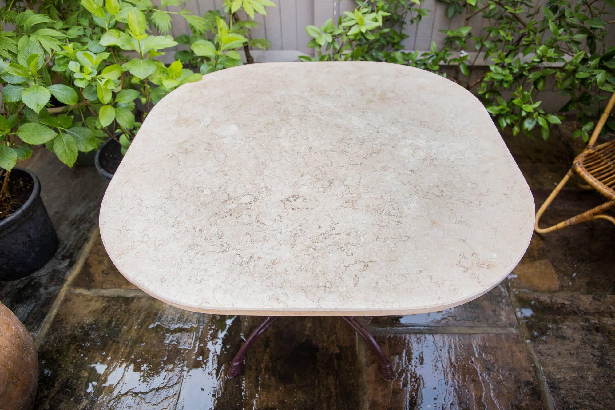 Wrought iron Art Nouveau Garden Table, Travertine Marble Top, France, circa 1900 In Good Condition In London, GB