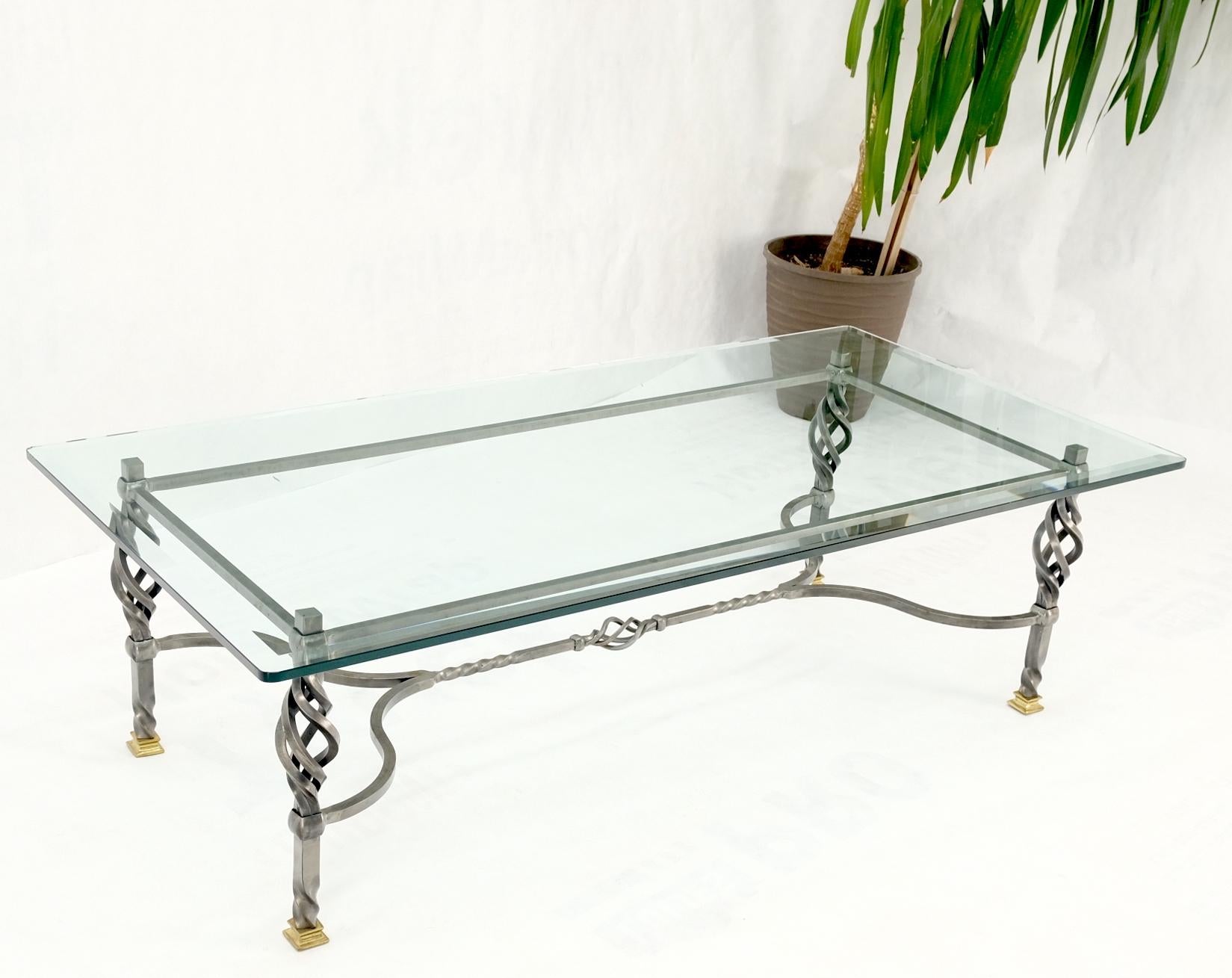 Wrought Iron Art Ornament Brass Tips Feet Glass Top Rectangle Coffee Table MINT For Sale 8