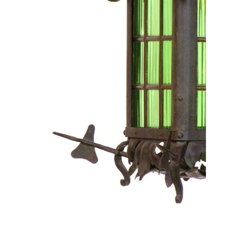 Unknown Wrought Iron Arts and Crafts Lantern with Emerald Green Glass For Sale