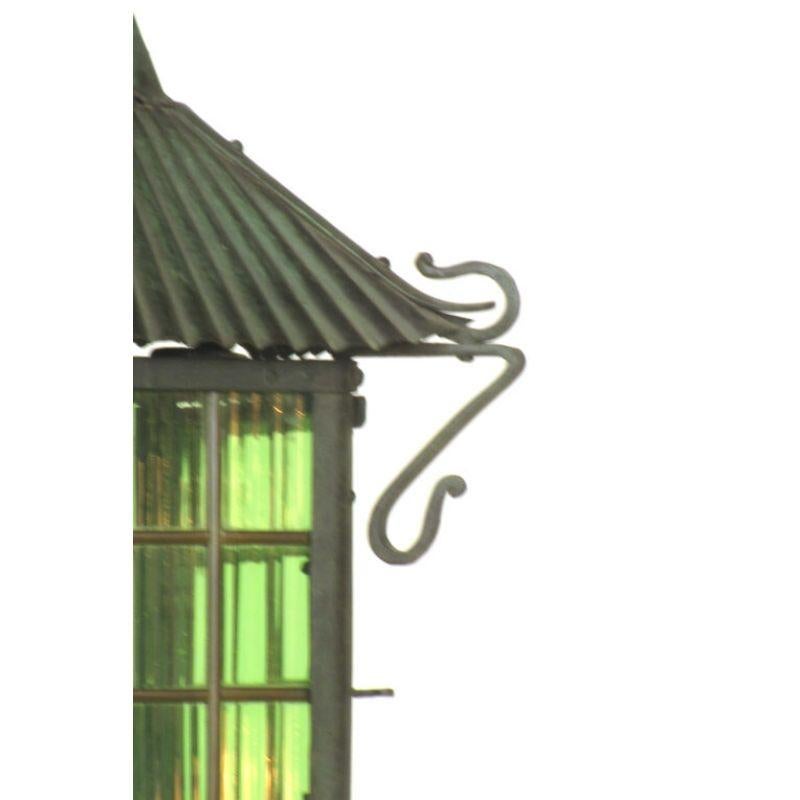Wrought Iron Arts and Crafts Lantern with Emerald Green Glass In Excellent Condition For Sale In Canton, MA