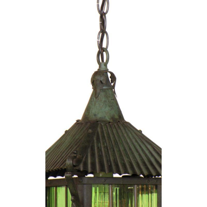 20th Century Wrought Iron Arts and Crafts Lantern with Emerald Green Glass For Sale