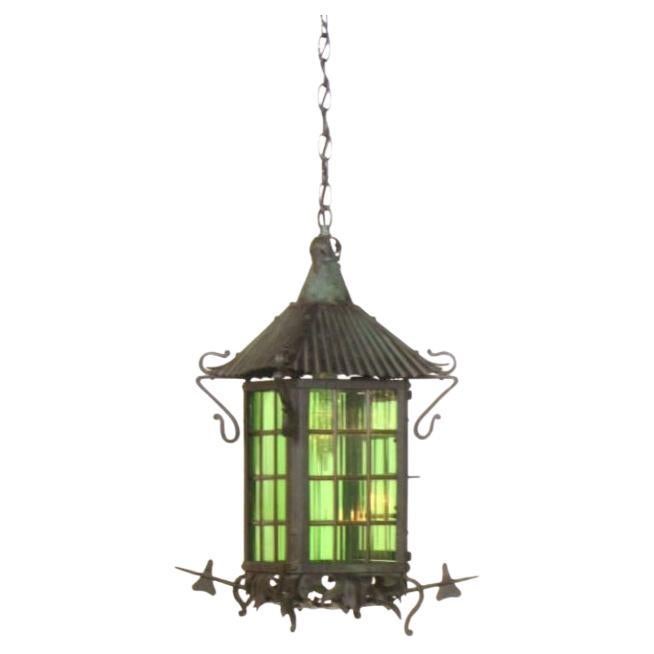 Wrought Iron Arts and Crafts Lantern with Emerald Green Glass For Sale