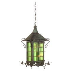 Wrought Iron Arts and Crafts Lantern with Emerald Green Glass