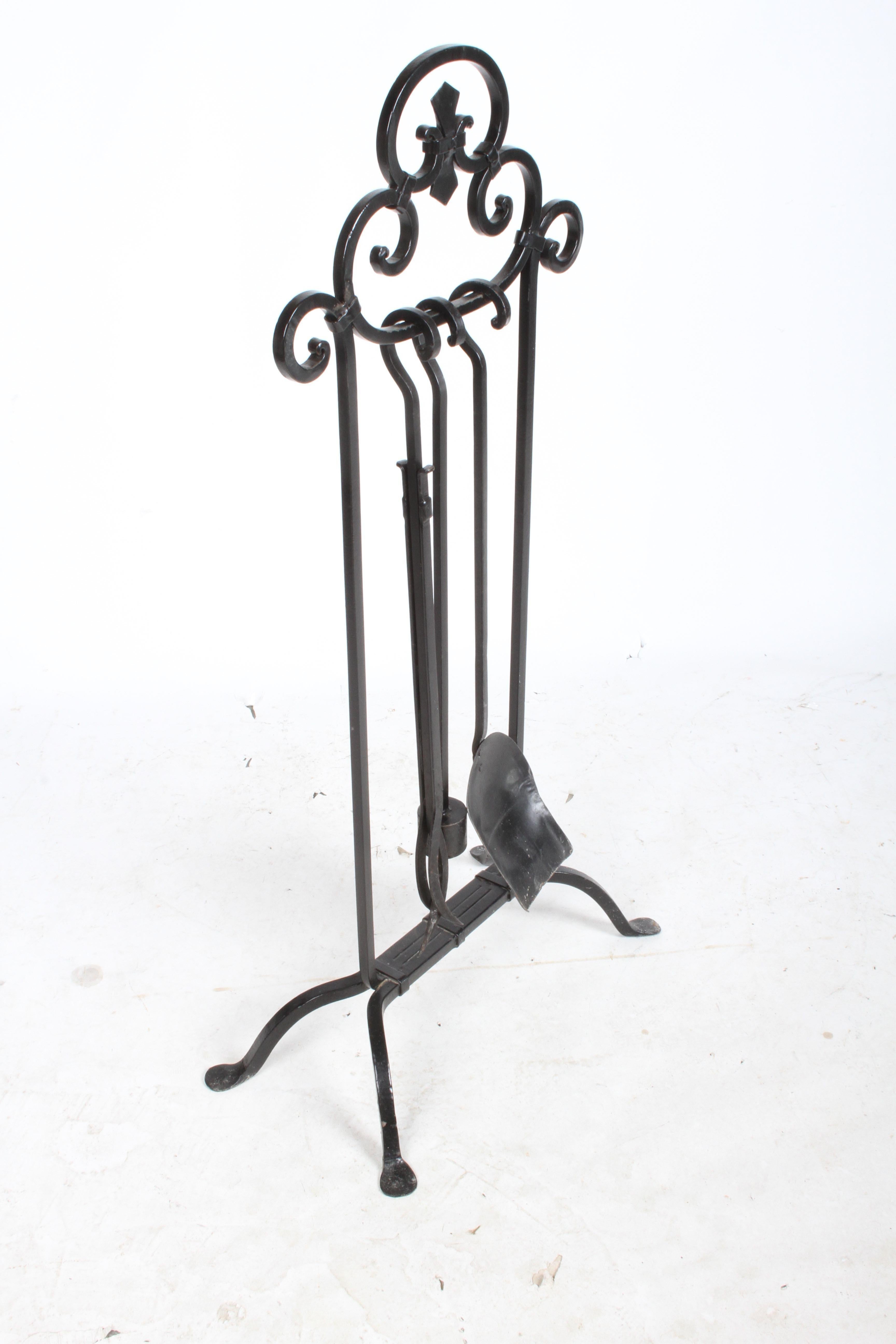 Wrought Iron Arts & Crafts Andirons and Tool Set For Sale 5