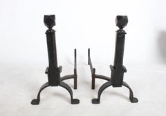 Wrought Iron Arts & Crafts Andirons and Tool Set