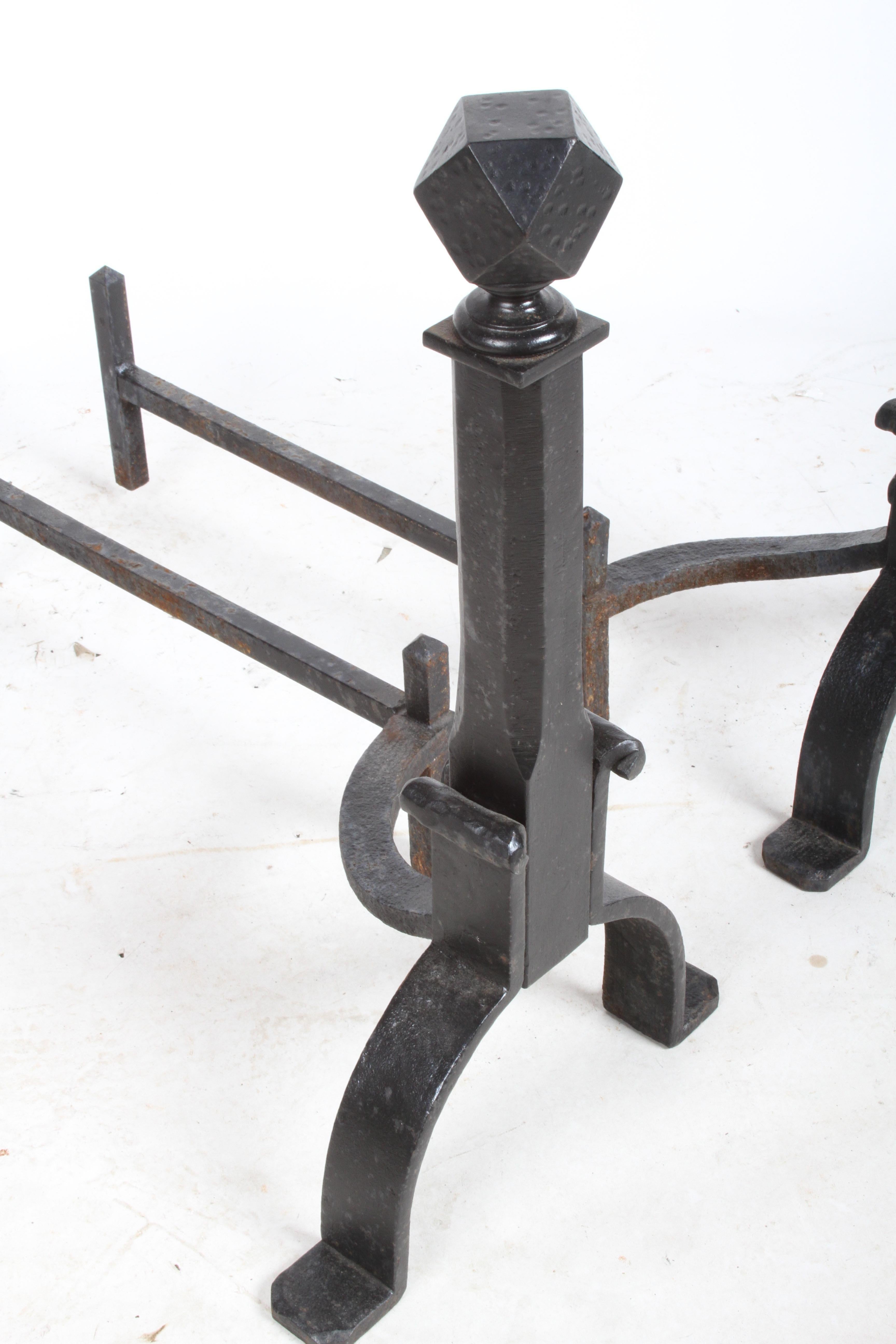 Arts and Crafts Wrought Iron Arts & Crafts Andirons and Tool Set For Sale