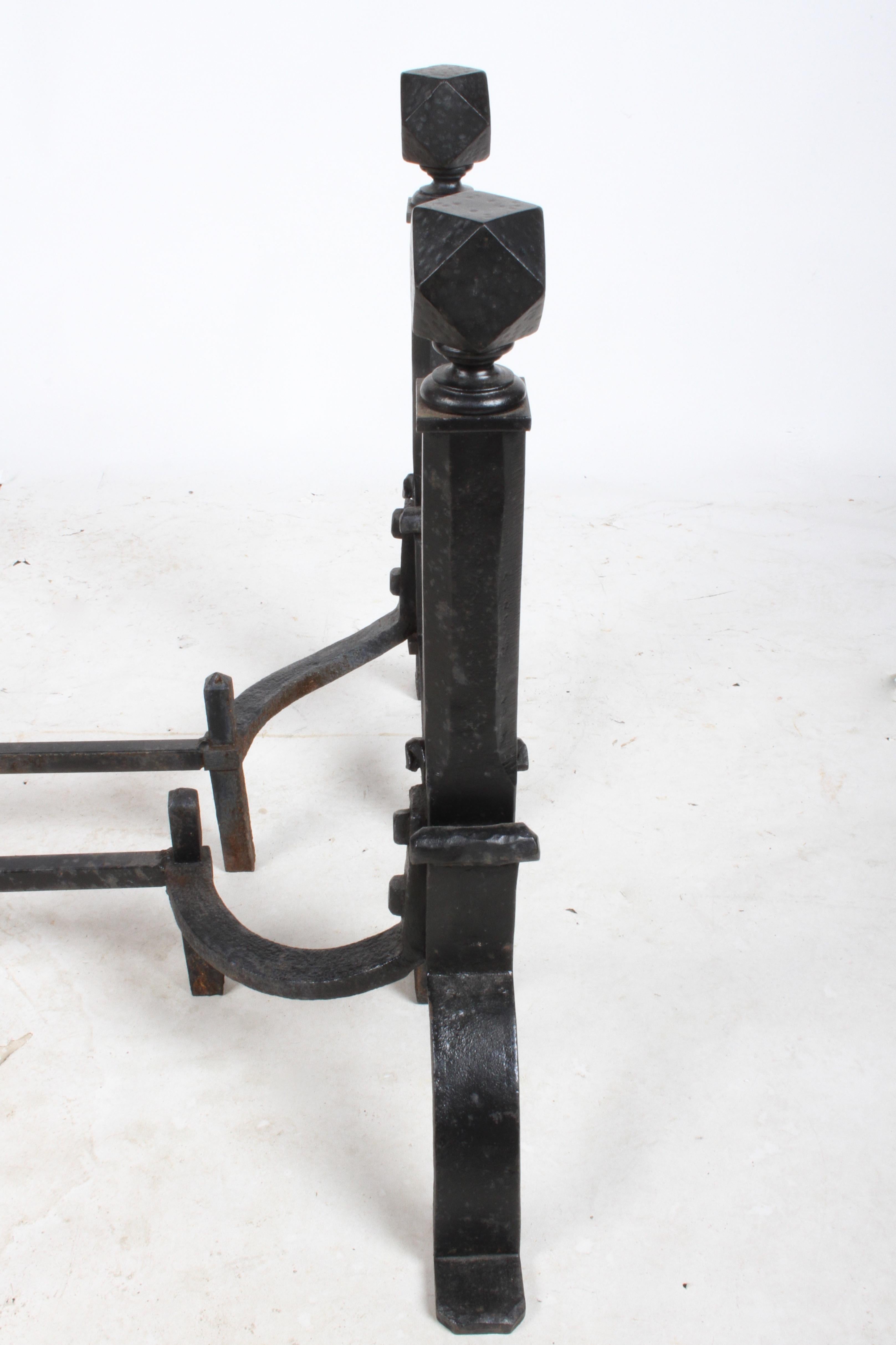 American Wrought Iron Arts & Crafts Andirons and Tool Set For Sale