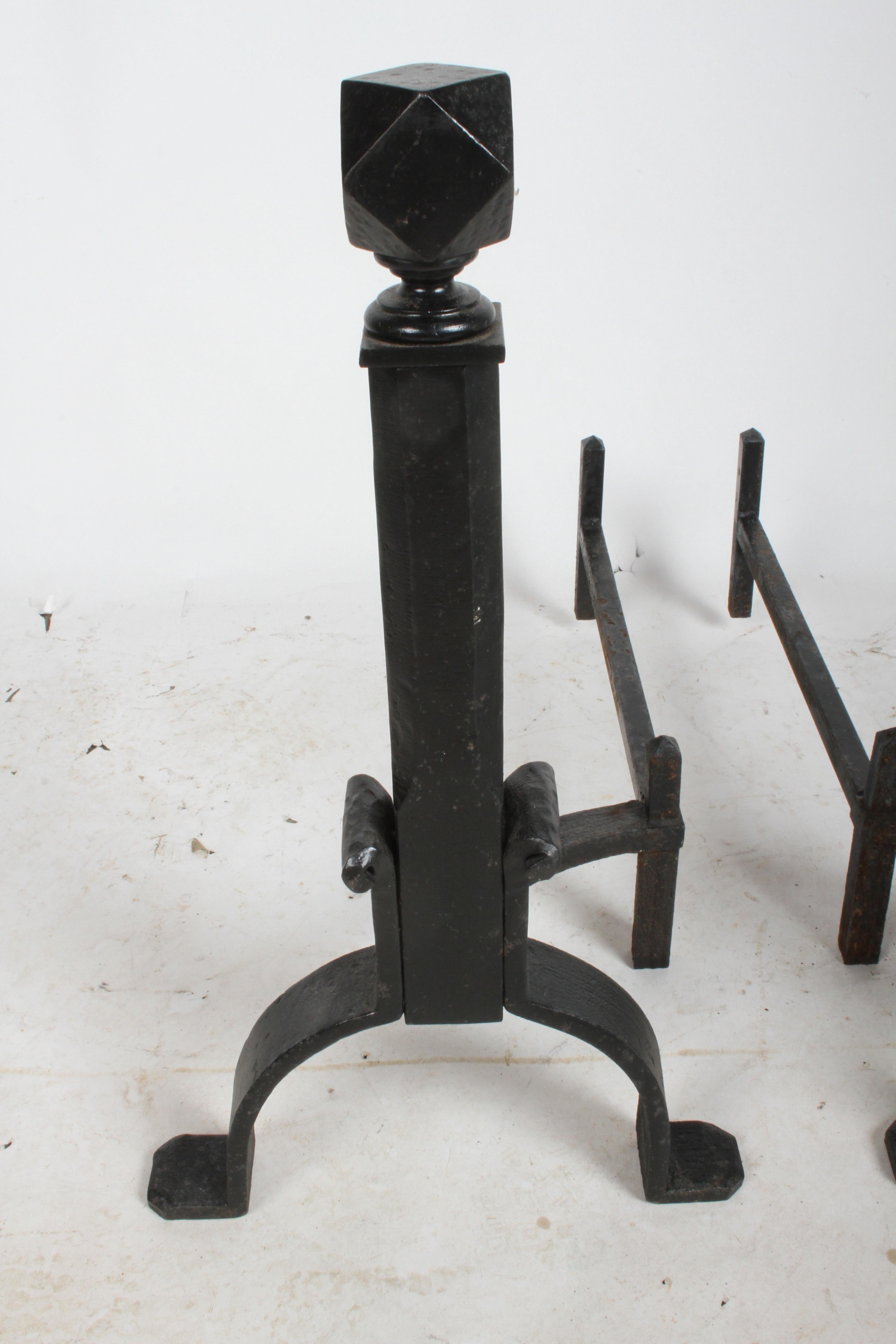 Wrought Iron Arts & Crafts Andirons and Tool Set In Good Condition For Sale In St. Louis, MO