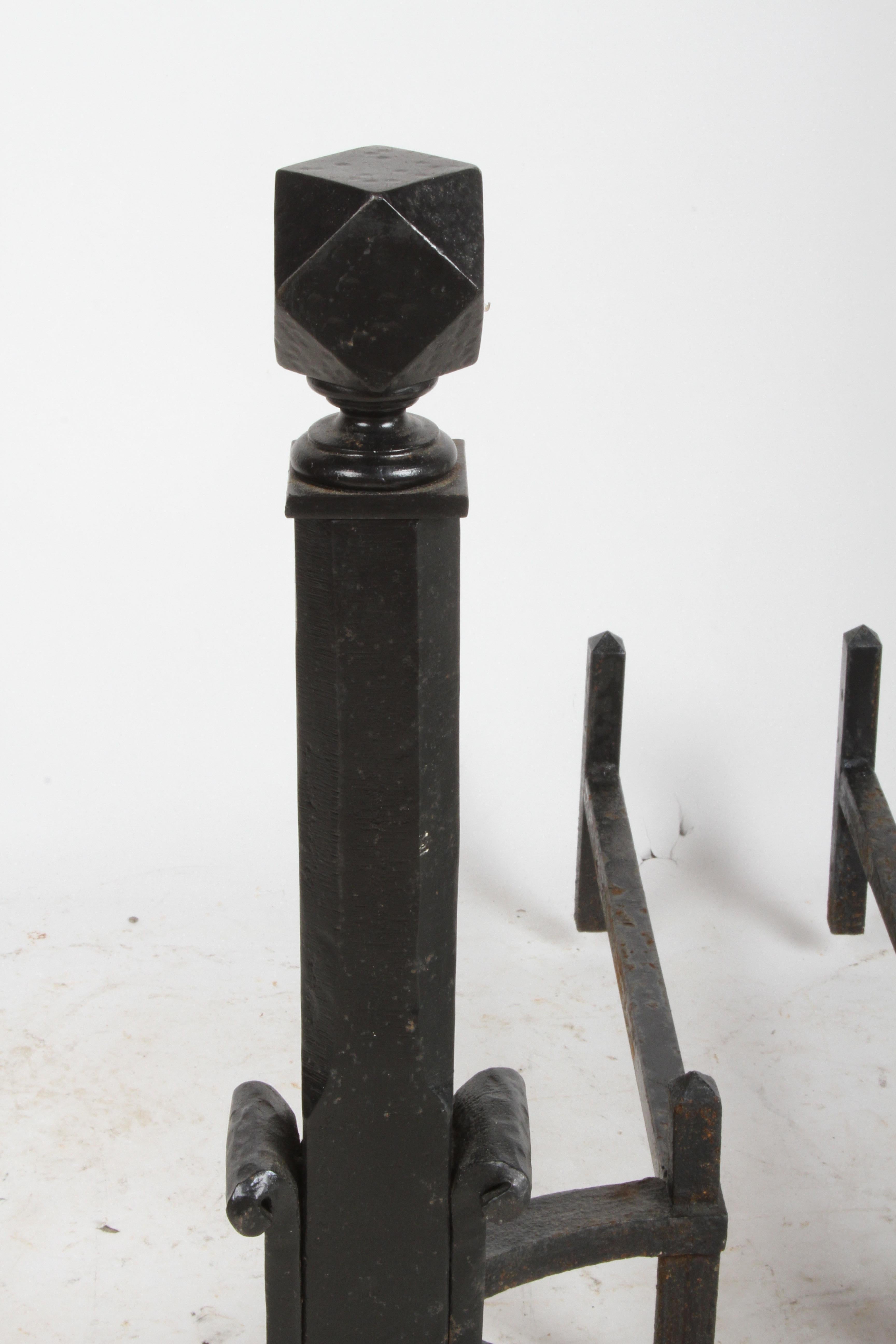 Early 20th Century Wrought Iron Arts & Crafts Andirons and Tool Set For Sale