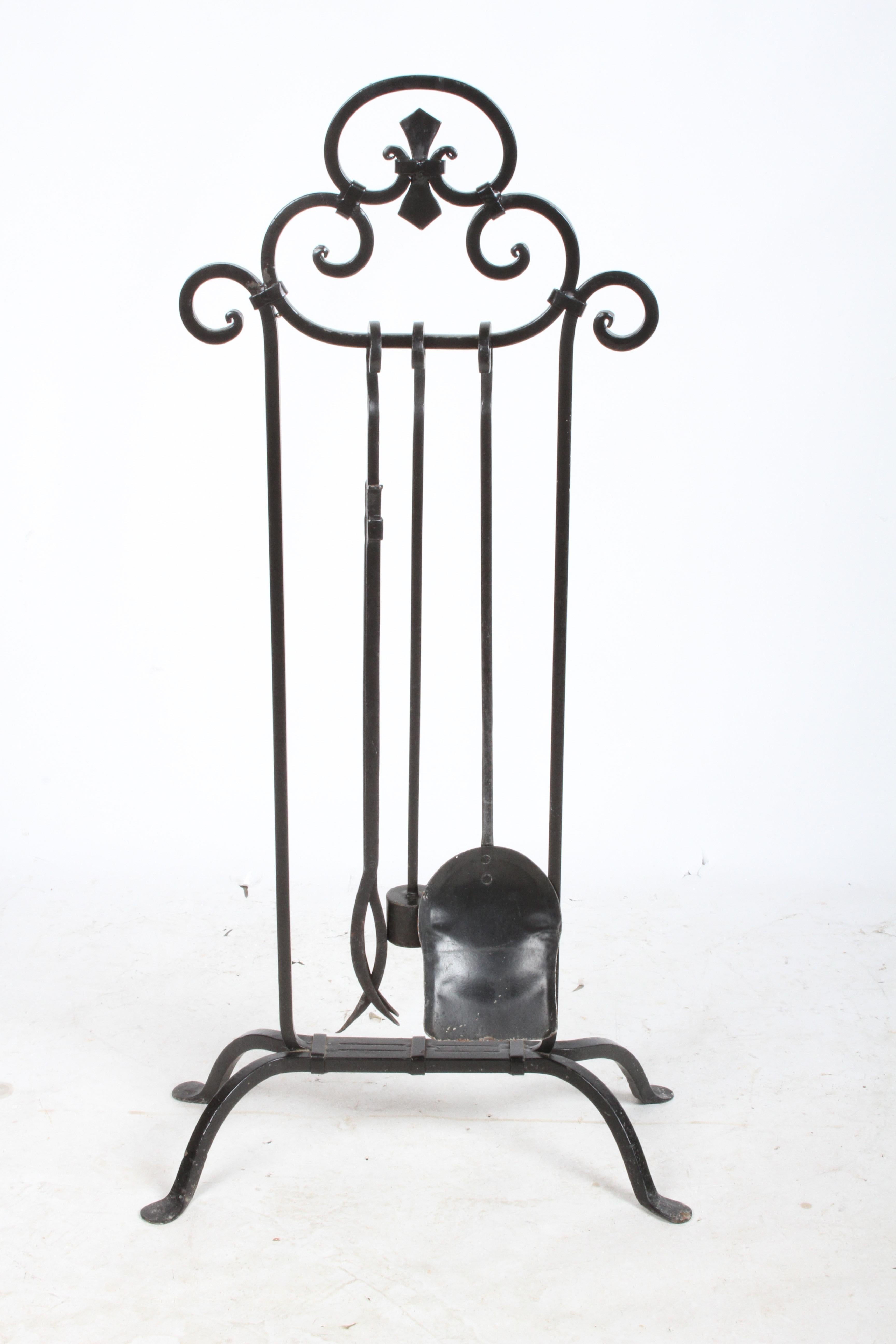 Wrought Iron Arts & Crafts Andirons and Tool Set For Sale 2