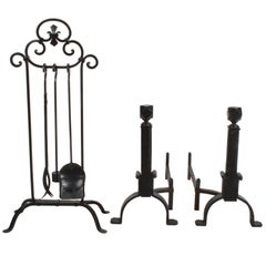 Wrought Iron Arts & Crafts Andirons and Tool Set