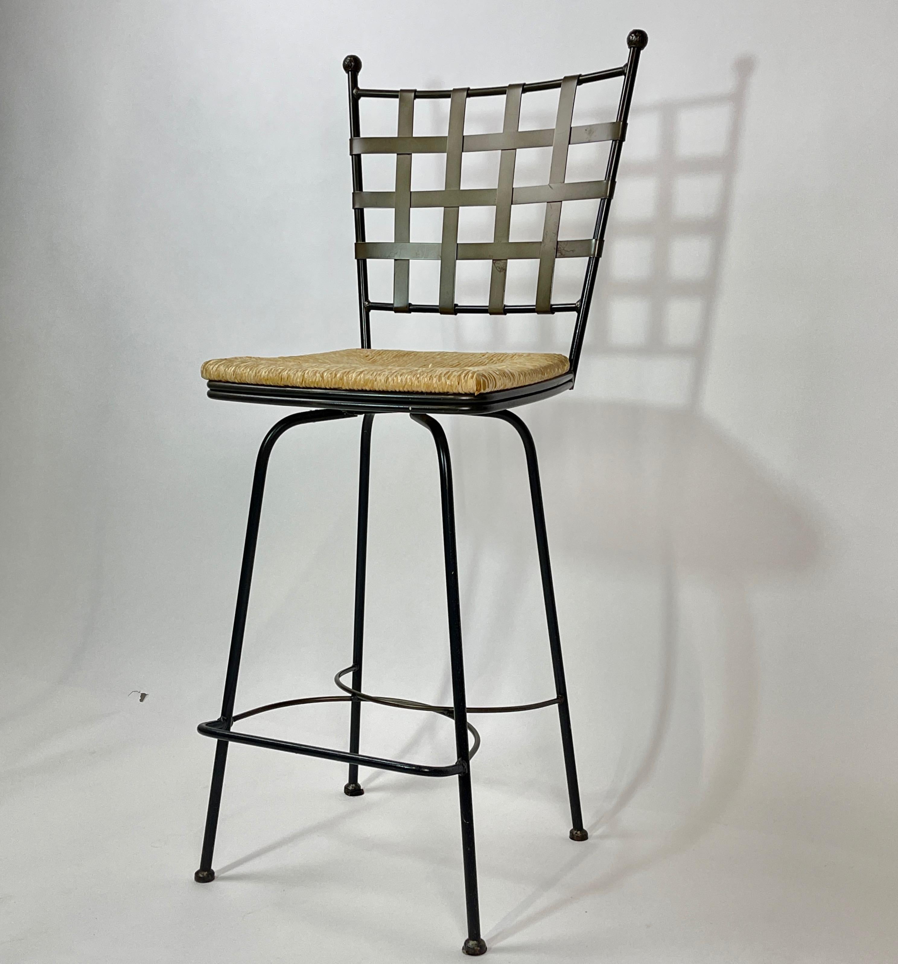 Mid-Century Modern Wrought Iron Barstools w Rush Swivel Seats Manner of Salterini Mario Papperzini