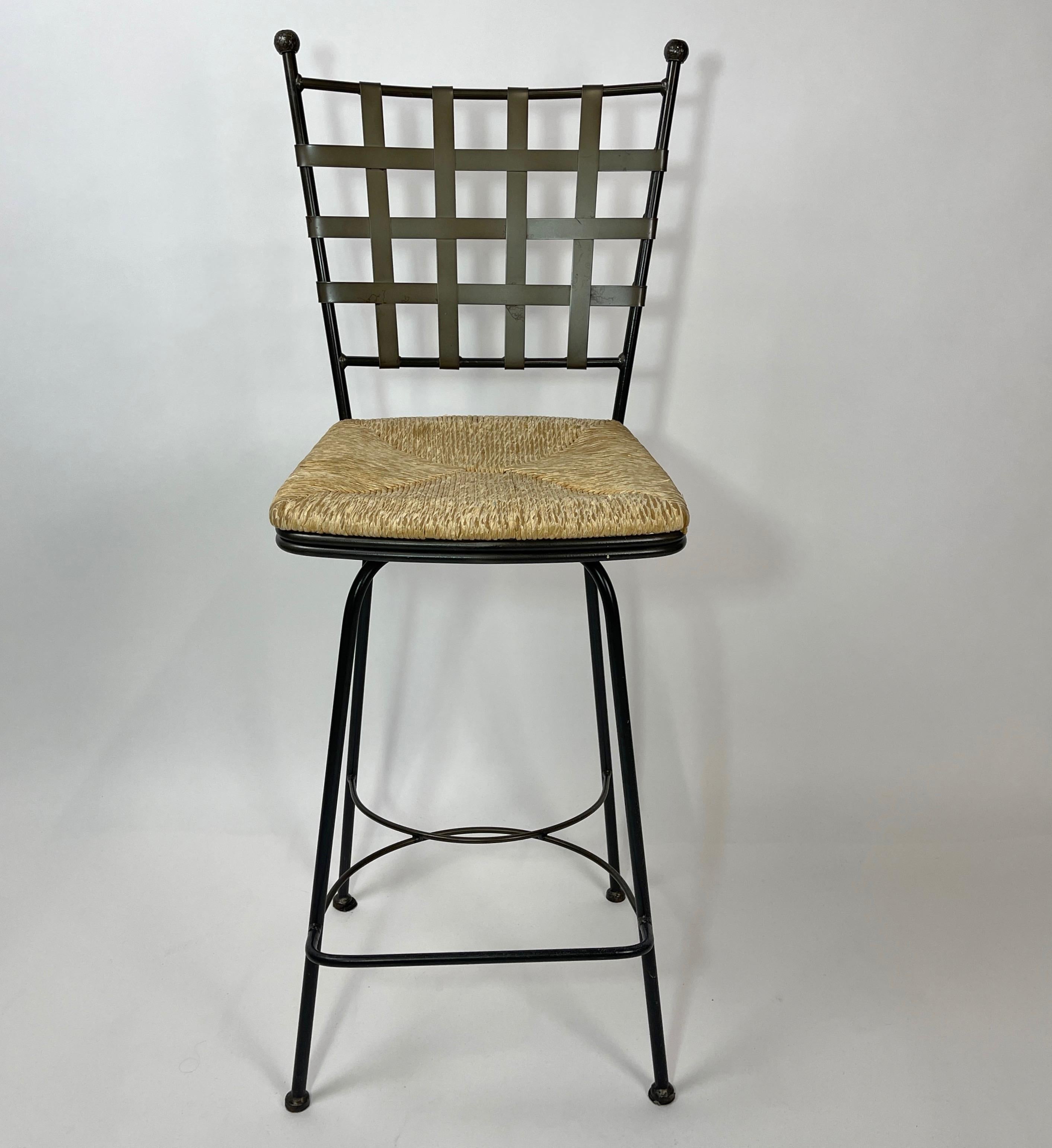 Wrought Iron Barstools w Rush Swivel Seats Manner of Salterini Mario Papperzini In Good Condition In Hudson, NY