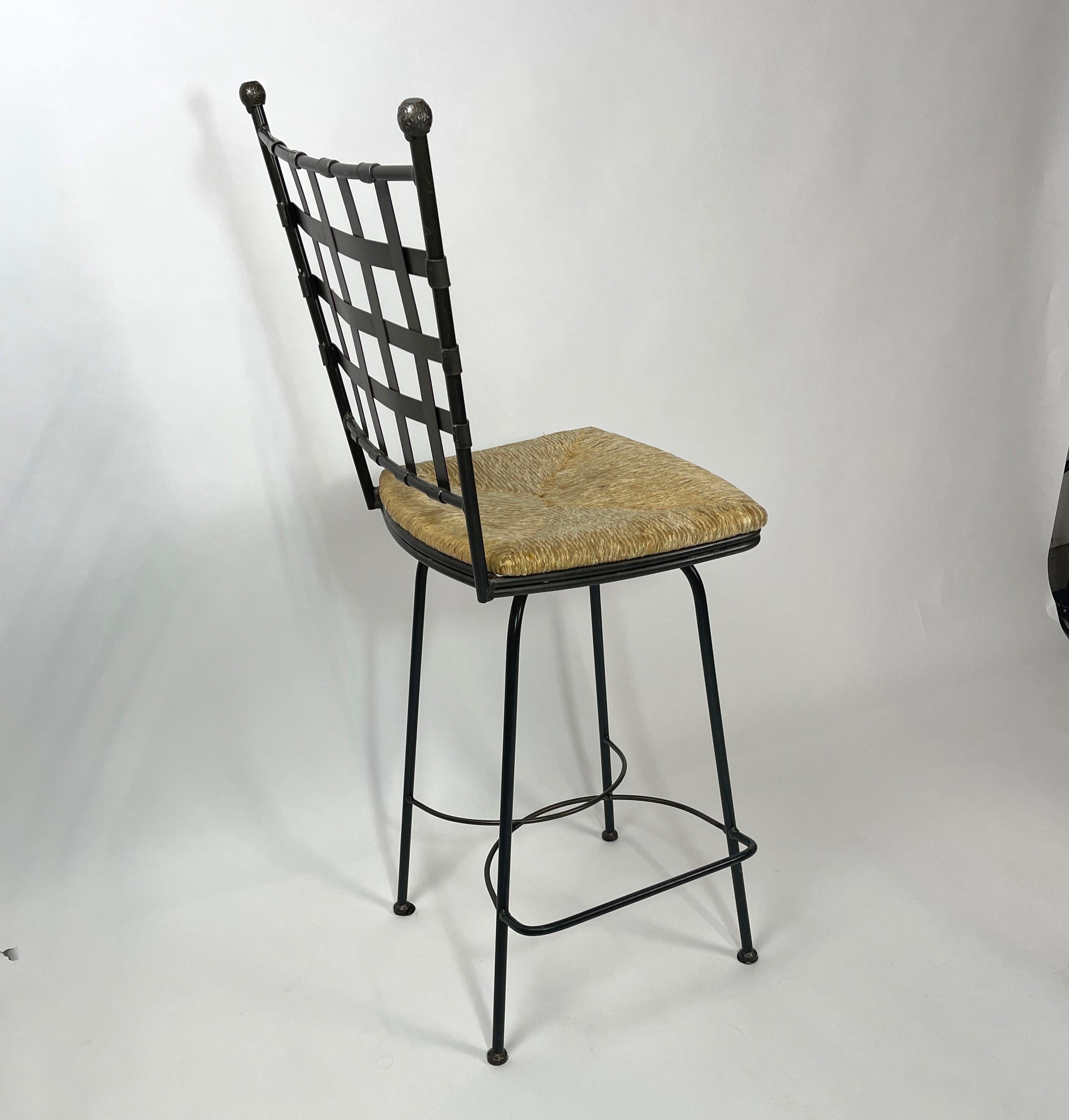 20th Century Wrought Iron Barstools w Rush Swivel Seats Manner of Salterini Mario Papperzini