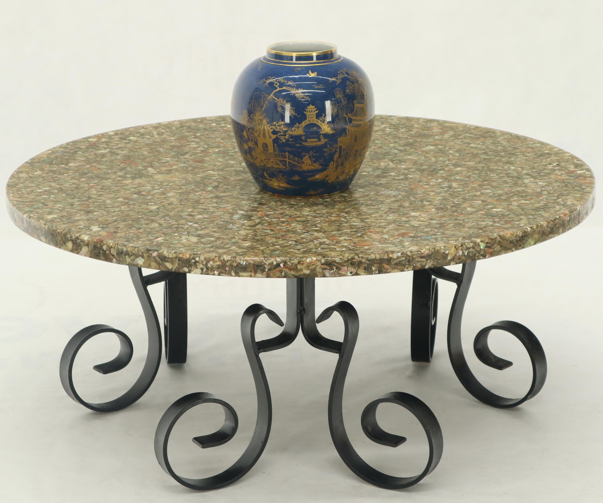 Wrought Iron Base Abalone Composite Round Top Coffee Table In Excellent Condition For Sale In Rockaway, NJ