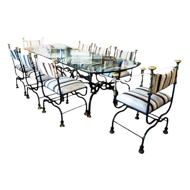 Glass Dining Table with 6 Chairs and 2 Armchairs. For Sale at 1stDibs