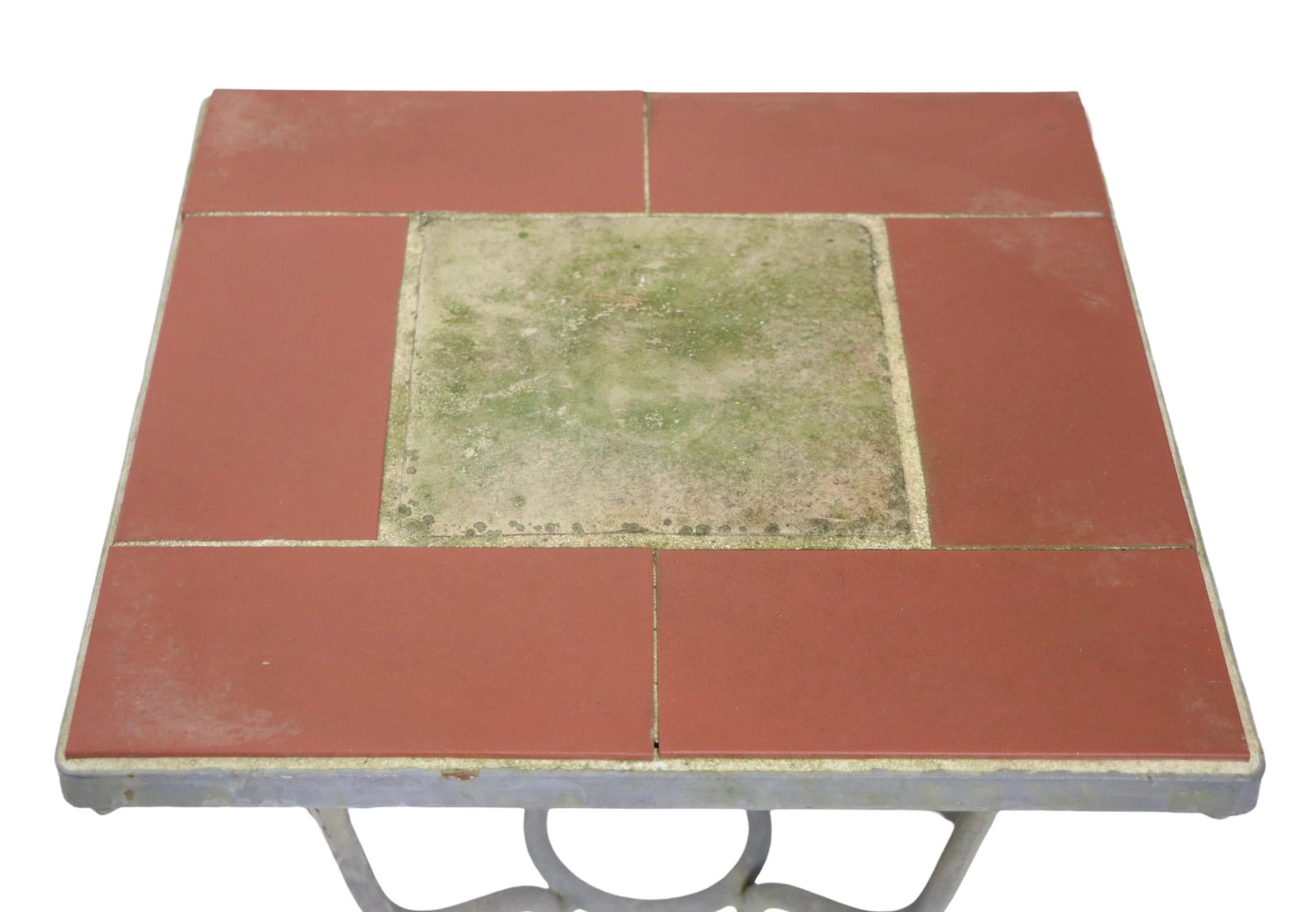 Mid-Century Modern Wrought Iron Base Tile Top Top Garden Patio Poolside Table Signed Salterini