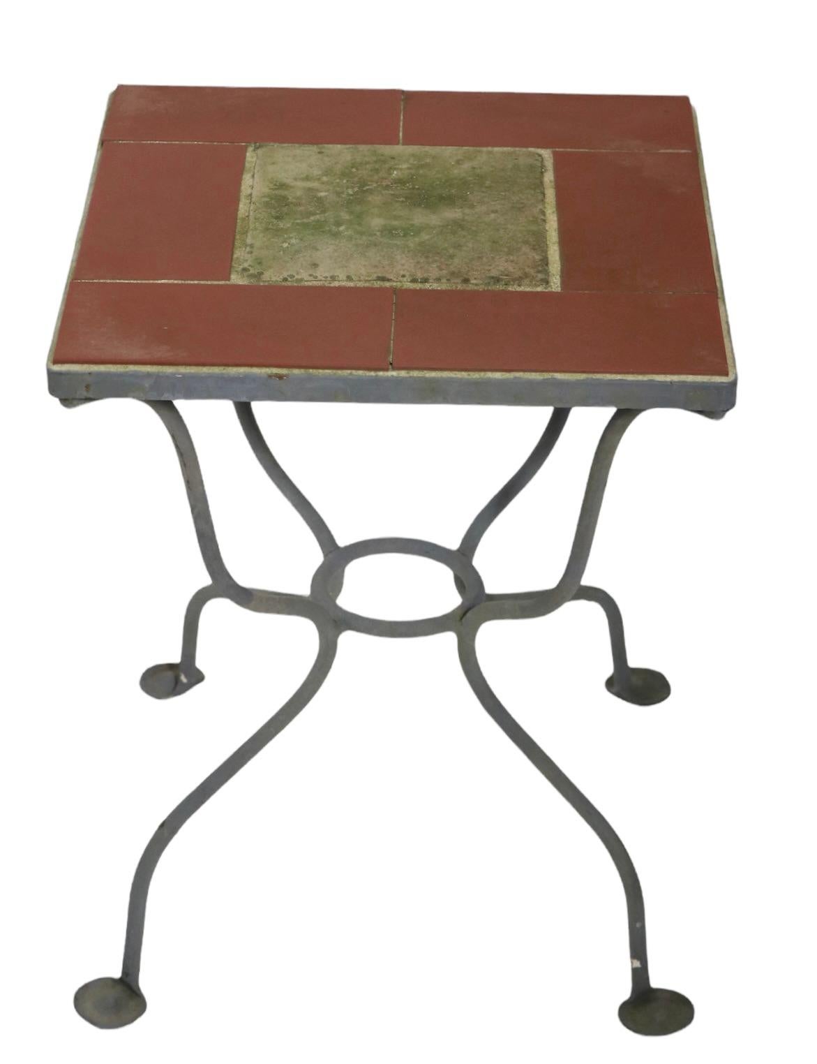 American Wrought Iron Base Tile Top Top Garden Patio Poolside Table Signed Salterini