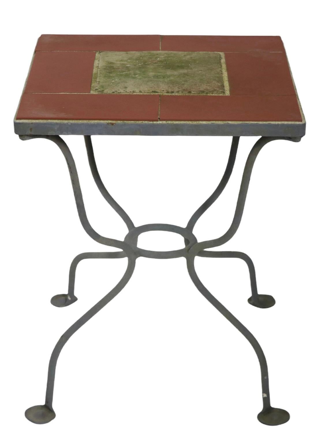 Wrought Iron Base Tile Top Top Garden Patio Poolside Table Signed Salterini In Good Condition In New York, NY