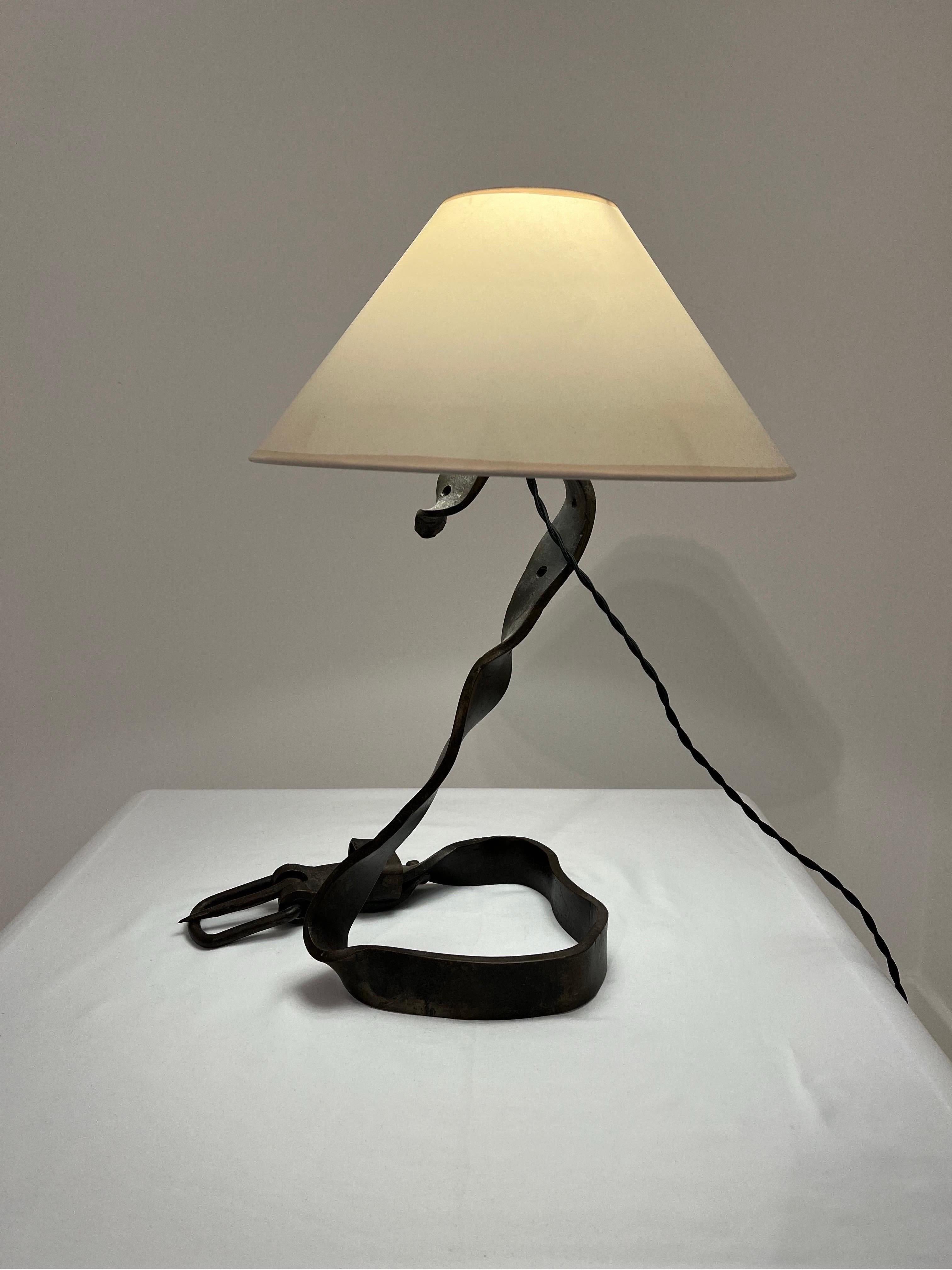 Beautiful French Iron Belt Lamp.
Incredible detail with moving buckle design. 
Initialled W J to identify. 
