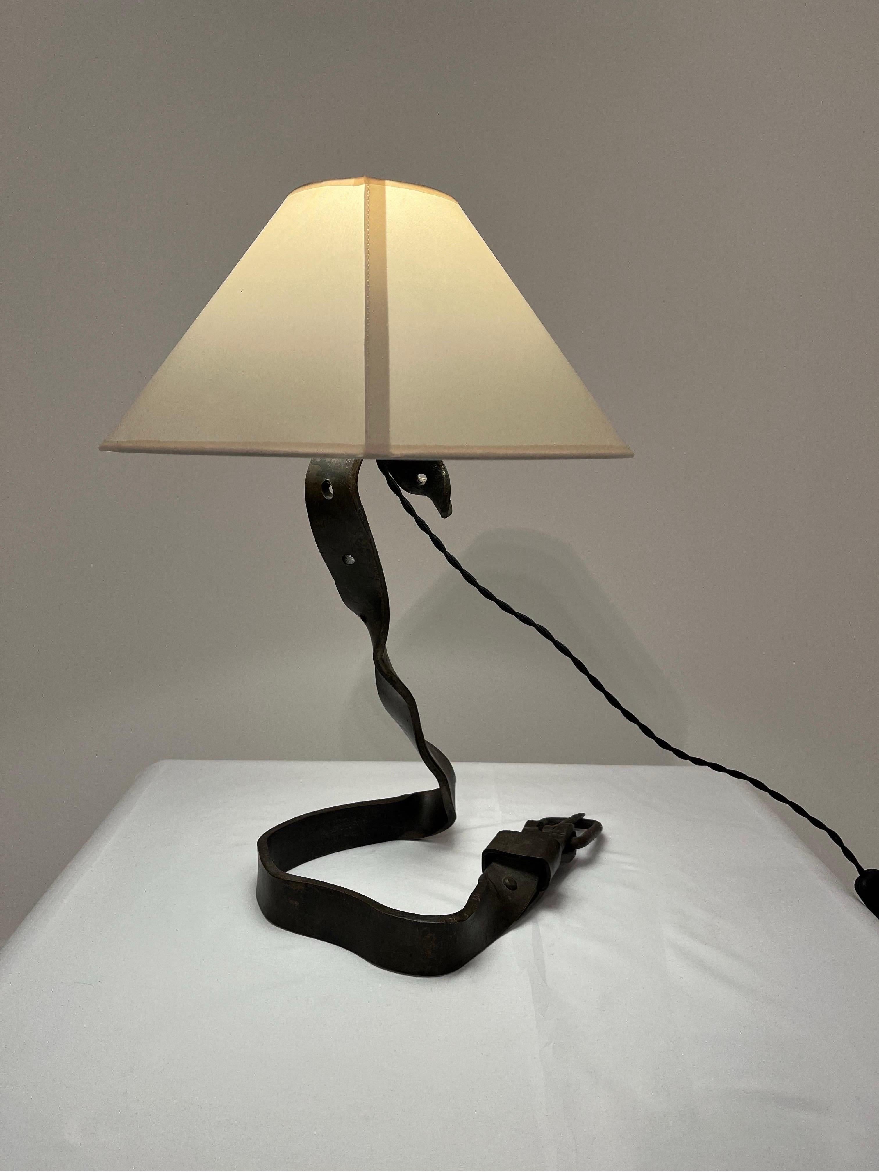 French Wrought Iron Belt Lamp France c1950s Sculptural Artisan  For Sale