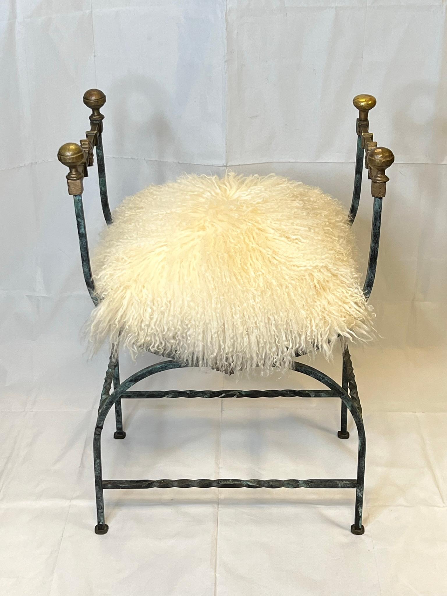 Wrought Iron Bench in Renaissance Style with Sheepskin Seat Cushion 8