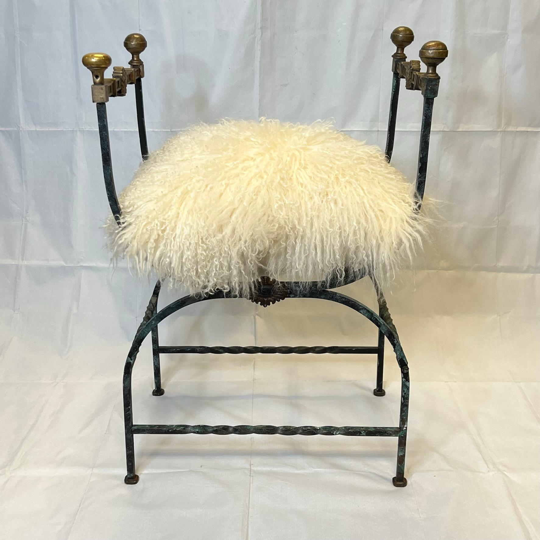 Wrought Iron Bench in Renaissance Style with Sheepskin Seat Cushion, possibly by Oscar Bach.