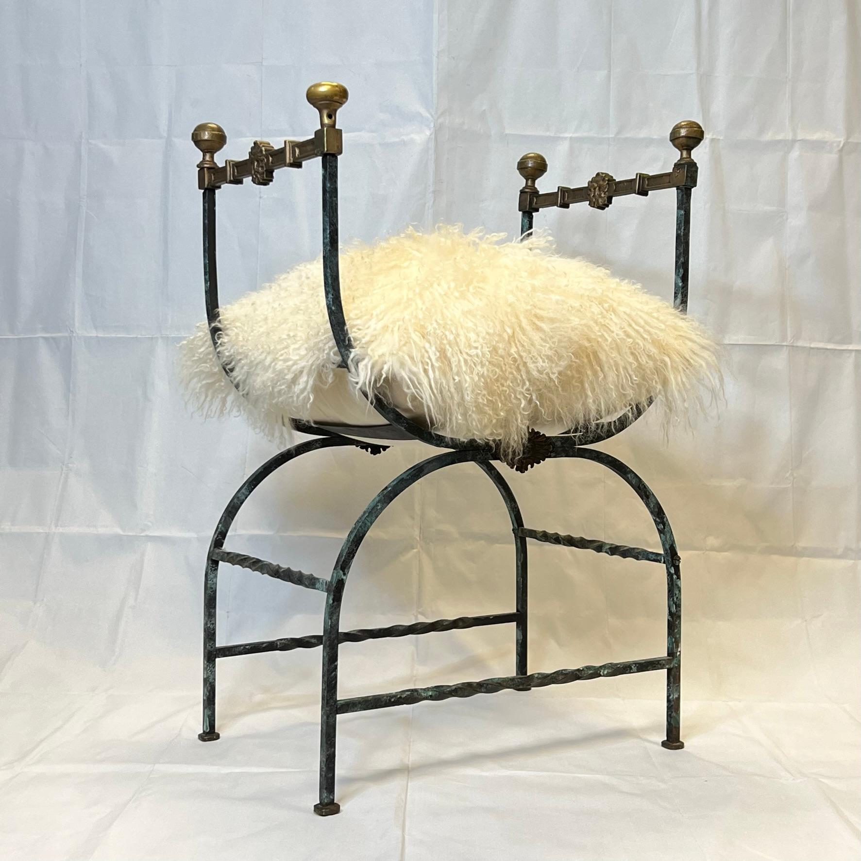 Renaissance Revival Wrought Iron Bench in Renaissance Style with Sheepskin Seat Cushion