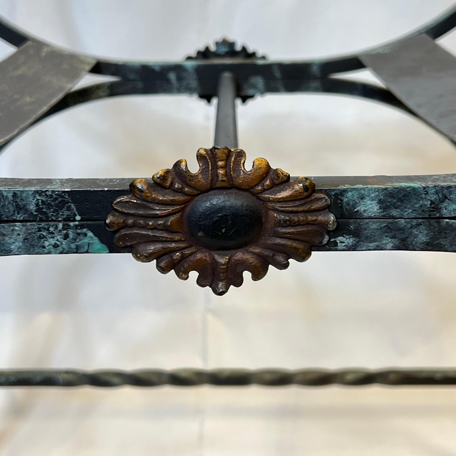 Patinated Wrought Iron Bench in Renaissance Style with Sheepskin Seat Cushion