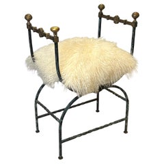 Wrought Iron Bench in Renaissance Style with Sheepskin Seat Cushion