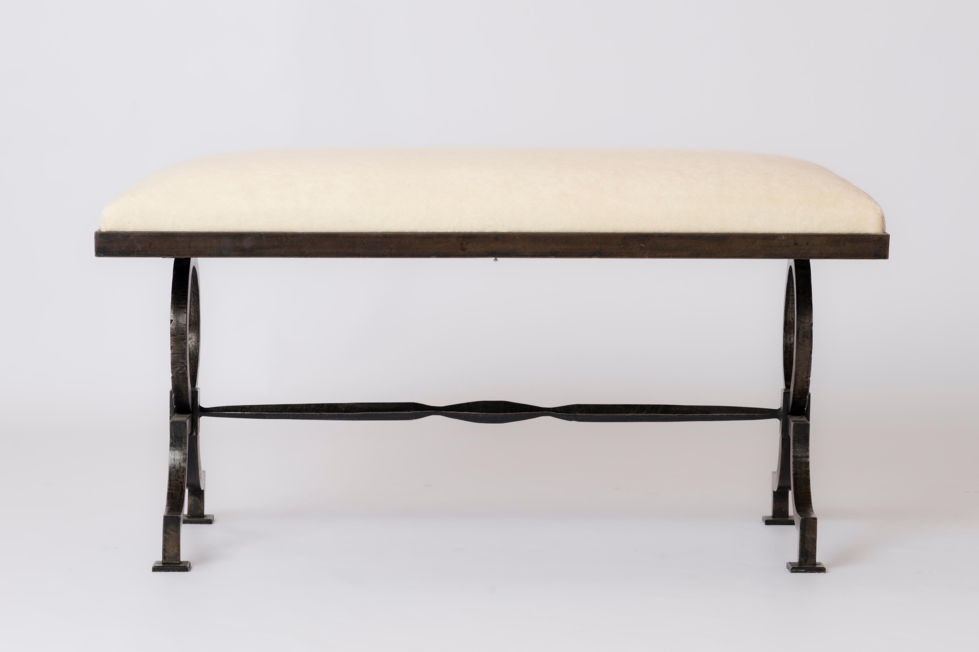 Neoclassical Revival Wrought Iron Bench w. Cream P. Frey Mohair att. Gilbert Poillerat - France 1940s For Sale