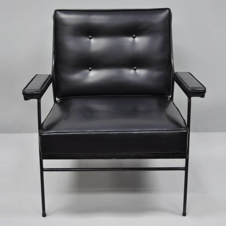 Wrought Iron and Black Vinyl Lounge Chair attr Milo ...