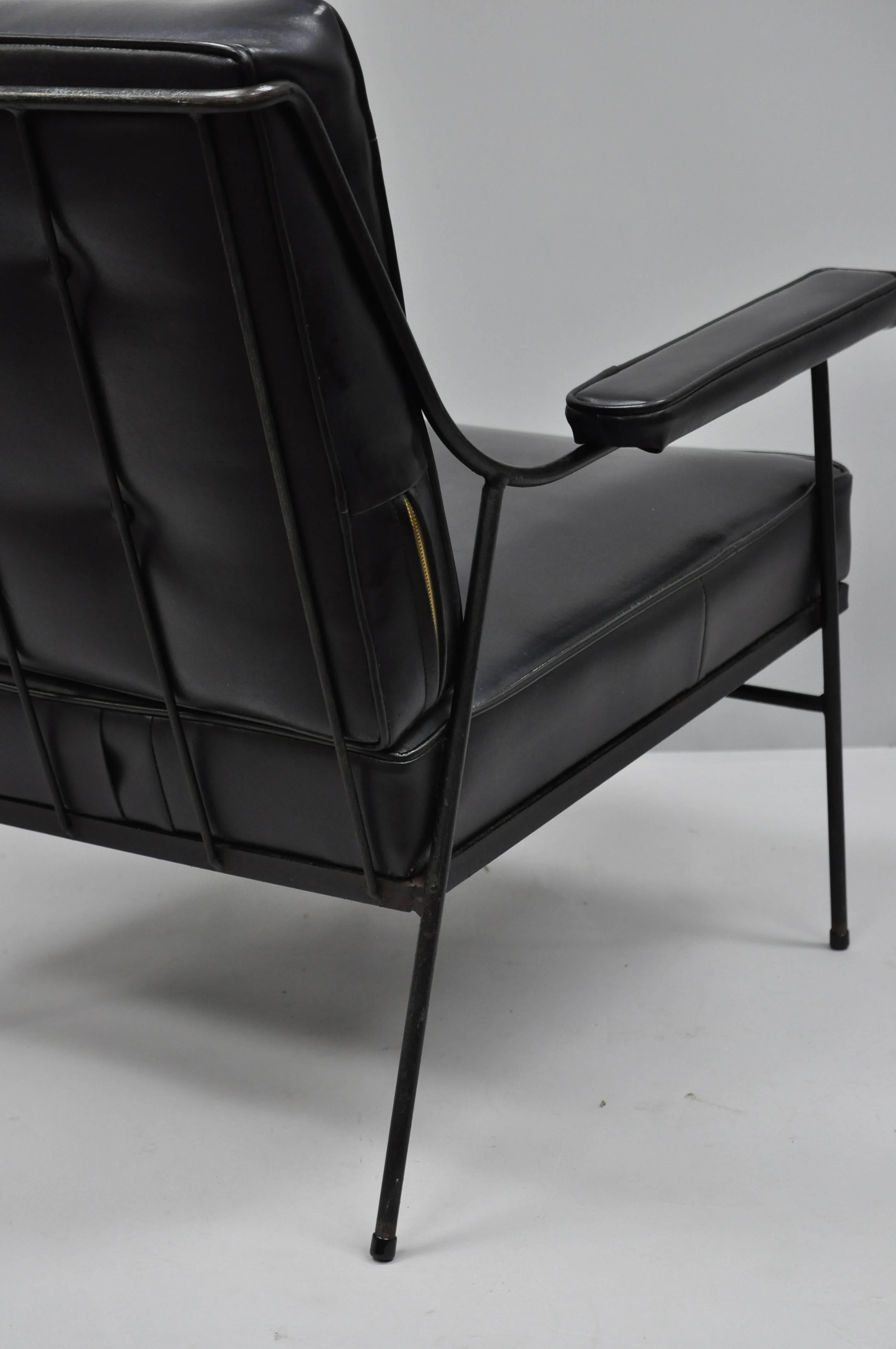 Mid-20th Century Wrought Iron & Black Vinyl Lounge Chair attr Milo Baughman for Pacific Iron 