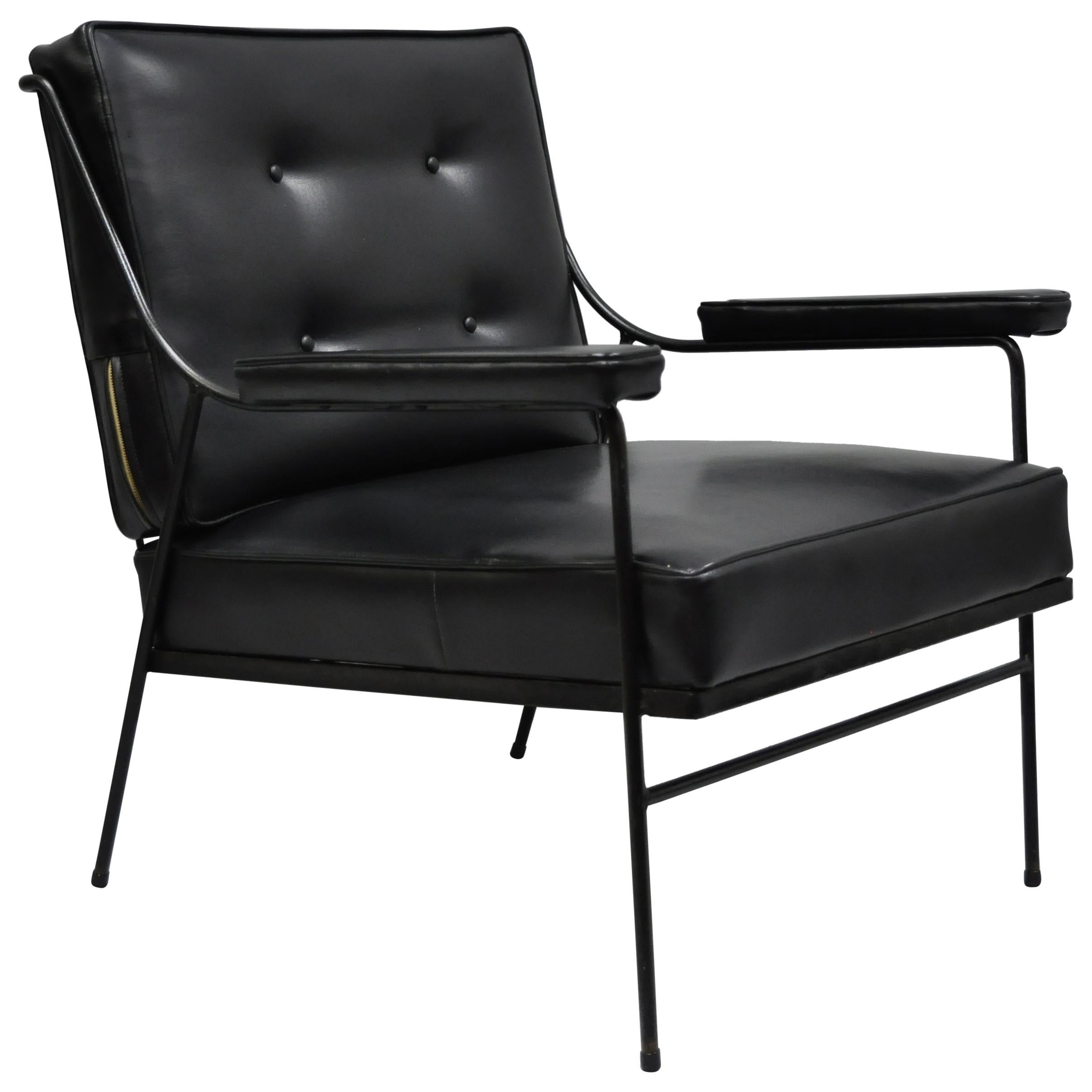Wrought Iron & Black Vinyl Lounge Chair attr Milo Baughman for Pacific Iron 