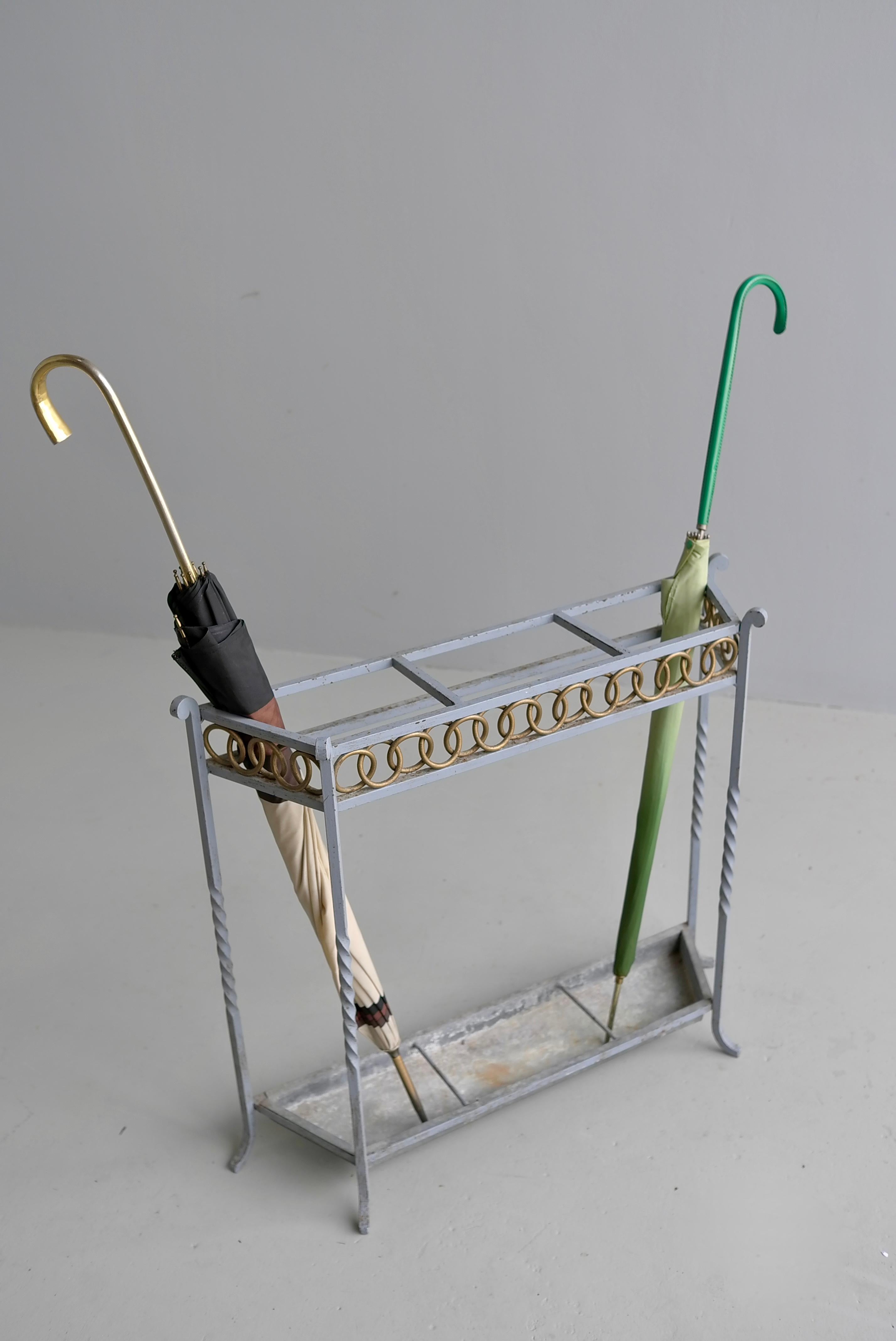 Mid-Century Modern Wrought Iron Blue and Gold Colored Umbrella stand, France 1940's For Sale