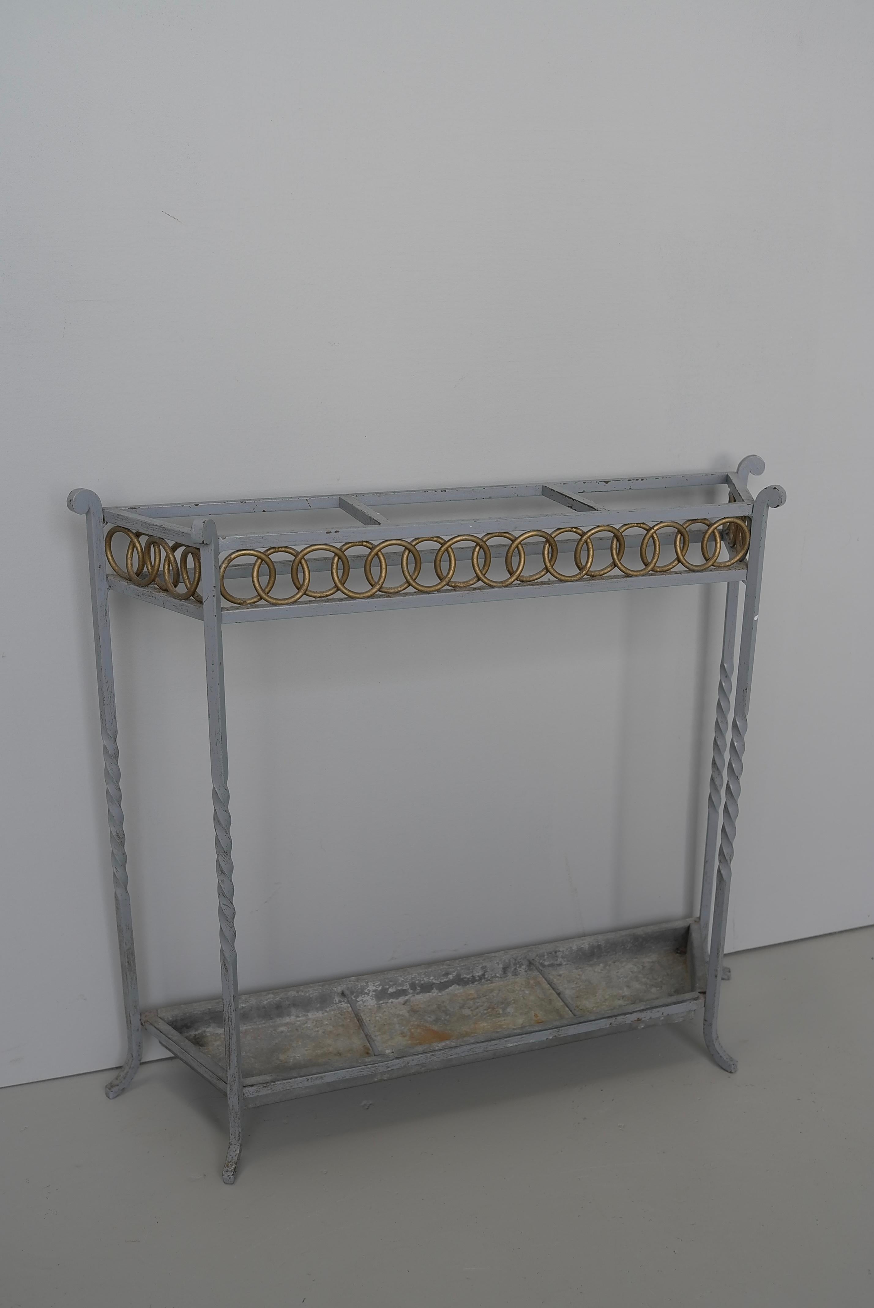 Mid-20th Century Wrought Iron Blue and Gold Colored Umbrella stand, France 1940's For Sale